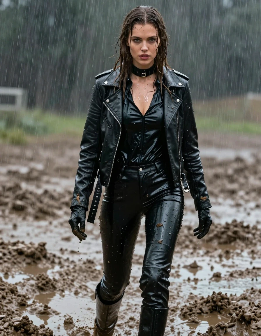 A young European woman with long, dripping wet brown hair, standing in a mud pit during a heavy rainstorm. She is wearing an oversize black vinyl polar neck shirt, a black biker leather jacket, black vinyl pants, black leather knee-high boots, and leather gloves on both hands. Her skin is visibly wet with a water sheen, and her clothes are heavily drenched, featuring damp fabric, clinging textures, and darker soaked areas. The scene is saturated with mud, with mud splatters covering her clothes and skin. The lighting is moody and atmospheric, highlighting the glossy, wet surfaces of the vinyl and leather against the matte, thick mud. Photorealistic, 8k, high detail, cinematic composition, focused on the textures of wet vinyl, leather, and mud-caked skin.