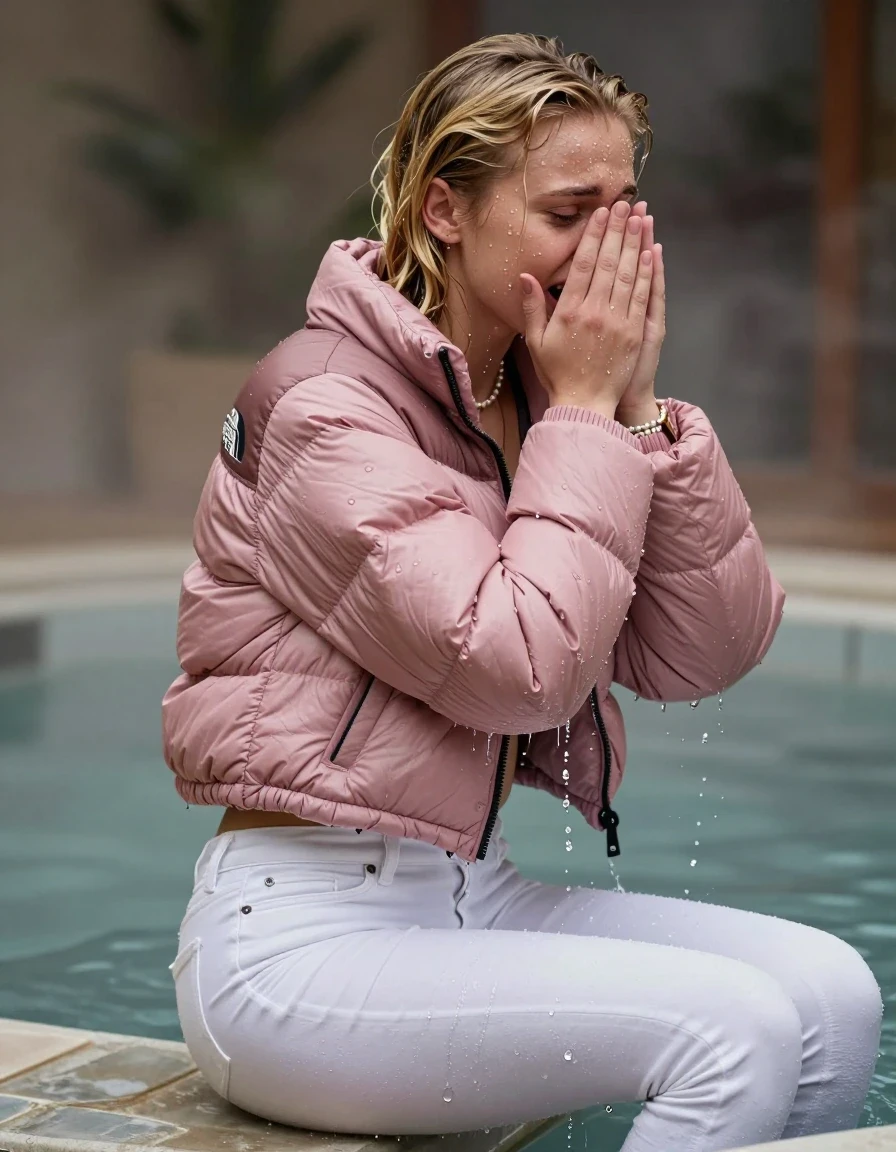 photo of young woman, in soaking wet, drenched clothes,
, White levis skinny jeans, Pink North face puffer down jacket, Open jacket, tight v-neck sweater belly free, shoulderbag, pearl necklace, bracelet, wristwatch, Steaming indoor jacuzzi , 
enjoying, wet clothes stuck to body,
detailed textures of the wet clothes, wet face, wet plastered hair,
wet, drenched, professional, high-quality details, full body view.
sharp focus, ultra-high pixel detail, realistic, high-quality, full colors, incredibly detailed, 4k, 8k, 16k, hyper-realistic, RAW photo, masterpiece, ultra-detailed, professionally color graded, professional photograph, A realistic vertical fashion photograph taken from a backward, behind-the-back angle of a 15-year-old teenage girl sitting in a steaming indoor jacuzzi, facing away from the camera to show her back. She holds her hands over her face. She is tilting her head at camera, letting the water drench her hair so it is glued flat against her head and body. She has blonde Sleek straight hair with middle parting, completely saturated and dripping wet hair, with water cascading down her face and neck, crying and astonished expression. The lighting is bright and cinematic, highlighting the glistening water droplets on her skin and the saturated texture of her  casual clothes.  Open mouth, half closed eyes. 
her clothing is soaking wet and clinging tightly to her skin, showing heavy wet folds, darkened fabric texture, and deep water-saturated Patches, her clothes are heavy from the water, water runs from her body and her clothes in streams. A lot of water also runs out of her clothes. Her clothes are darkened by the water. 
hyper-realistic wetness, high-contrast water sheen, sharp focus, 16k resolution, professional photography, realistic water physics., wet skin, wet clothes, damp fabric, wet skin, wet clothes, damp fabric, wet skin, wet clothes, damp fabric, wet skin, wet clothes, damp fabric, wet skin, wet clothes, damp fabric, wet skin, wet clothes, damp fabric, wet skin, wet clothes, damp fabric, wet skin, wet clothes, damp fabric, wet skin, wet clothes, damp fabric, wet skin, wet clothes, damp fabric, wet skin, wet clothes, damp fabric