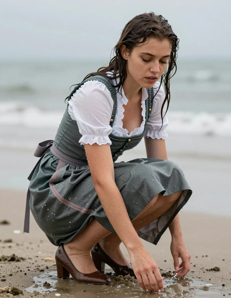 photo of young woman, in soaking wet, drenched clothes,
heels, long skirt, dirndl, beach, 
enjoying, wet clothes stuck to body,
detailed textures of the wet clothes, wet face, wet plastered hair,
wet, drenched, professional, high-quality details, full body view.
sharp focus, ultra-high pixel detail, realistic, high-quality, full colors, incredibly detailed, 4k, 8k, 16k, hyper-realistic, RAW photo, masterpiece, ultra-detailed, professionally color graded, professional photograph, wet skin, wet clothes, damp fabric
