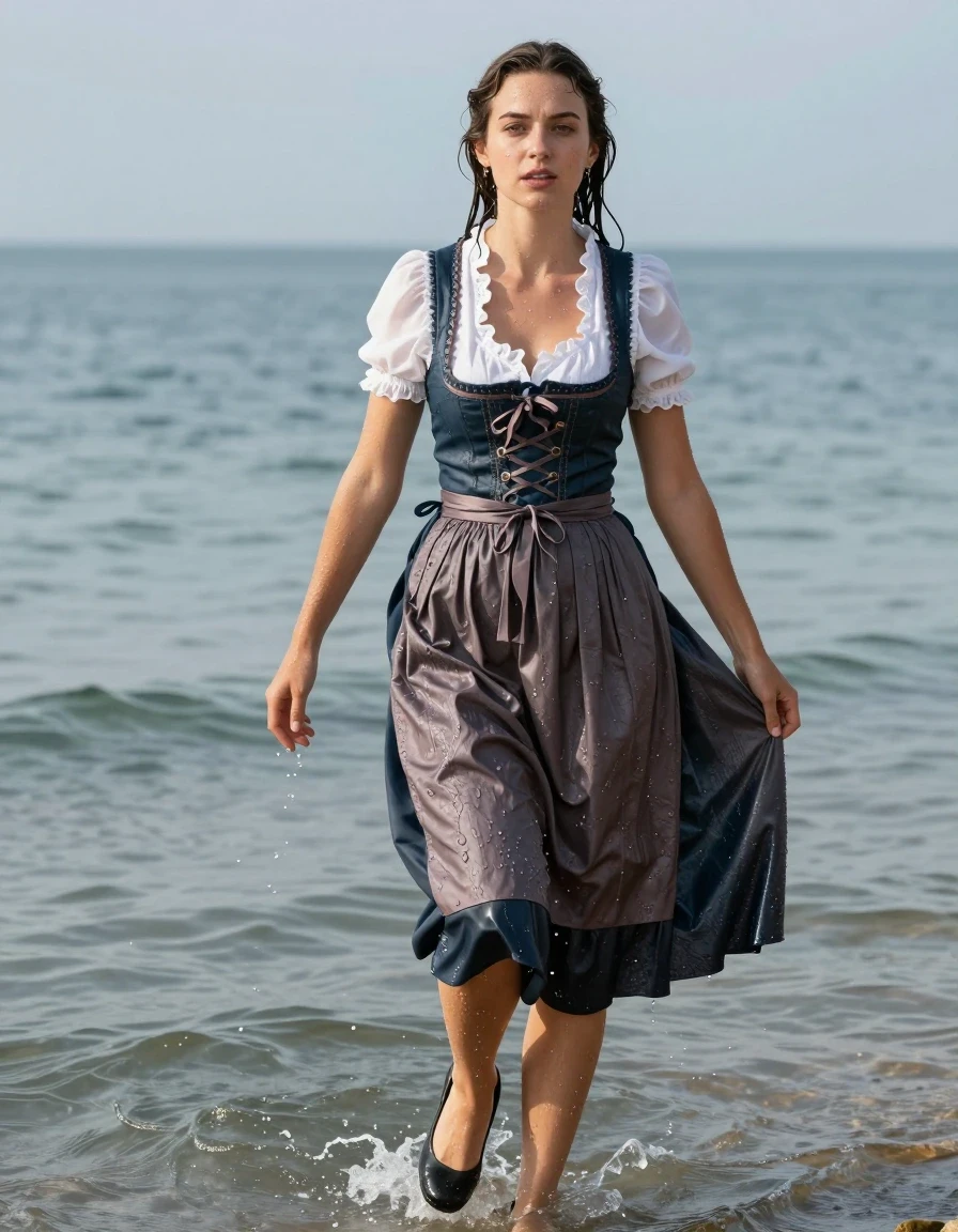 photo of young woman, in soaking wet, drenched clothes,
heels, long skirt, dirndl, sea, 
enjoying, wet clothes stuck to body,
detailed textures of the wet clothes, wet face, wet plastered hair,
wet, drenched, professional, high-quality details, full body view.
sharp focus, ultra-high pixel detail, realistic, high-quality, full colors, incredibly detailed, 4k, 8k, 16k, hyper-realistic, RAW photo, masterpiece, ultra-detailed, professionally color graded, professional photograph, wet skin, wet clothes, damp fabric