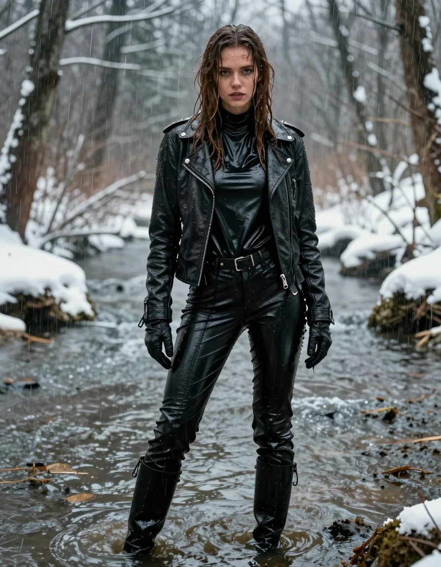 A photorealistic medium shot of a young adult European woman with long, dripping wet brown hair, standing in a shallow river within a dense, snow-covered forest during a heavy rainstorm. She is drenched in mud and freezing water, her skin glistening with a wet sheen. She is wearing an oversize black vinyl polar neck shirt that clings to her frame, layered under a rugged black biker leather jacket, with black leather gloves on both hands. Her lower body is clad in sleek, tight black vinyl pants, and she is wearing black leather knee-high boots. The entire ensemble is heavily soaked, showing water runoff, heavy fabric folds, and intense specular reflections from the rain and river water. The environment is dark and atmospheric, with snow-dusted trees and thick mud coating the scene. The lighting is cold and natural, emphasizing the textures of the wet vinyl, leather, and mud. High-detail, cinematic composition, sharp focus on realistic textures, no nudity.