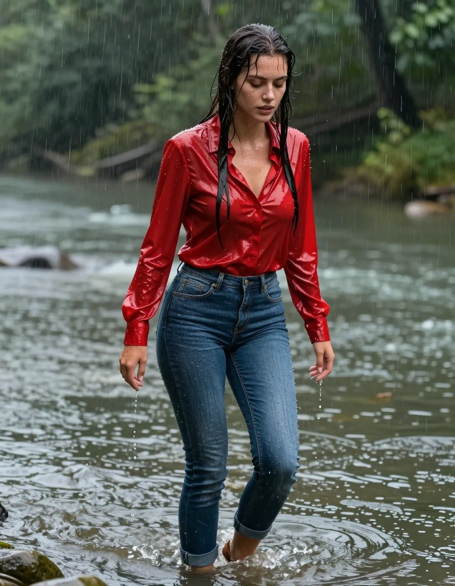 photo of young woman, in soaking wet, drenched clothes,
pumps, tight long jeans skirt, shiny light red blouse , long blouse, river, rain, 
enjoying, wet clothes stuck to body,
detailed textures of the wet clothes, wet face, wet plastered hair,
wet, drenched, professional, high-quality details, full body view.
sharp focus, ultra-high pixel detail, realistic, high-quality, full colors, incredibly detailed, 4k, 8k, 16k, hyper-realistic, RAW photo, masterpiece, ultra-detailed, professionally color graded, professional photograph, collar, long sleeves, long blouse, unbuttoned, 
wet hair, long hair, drenched, dripping wet, submerged, full body, wet skin, wet clothes, damp fabric
