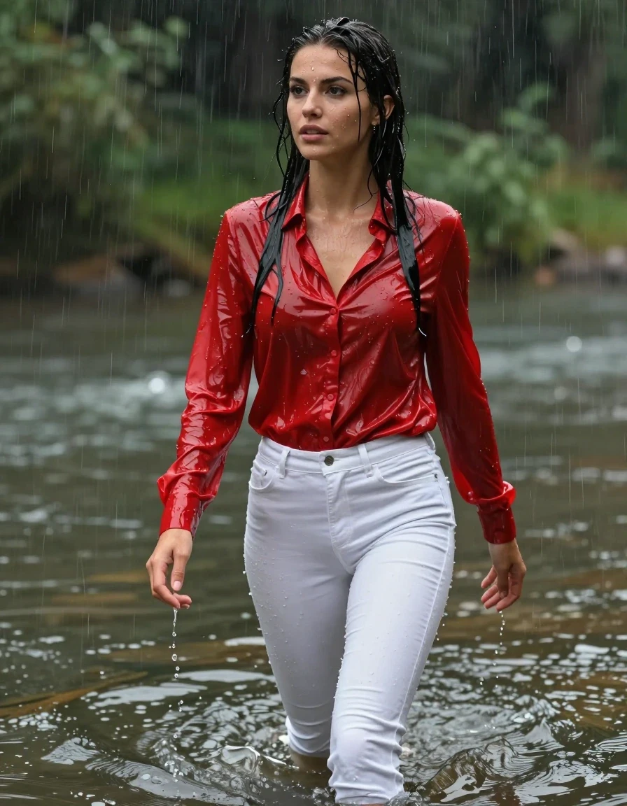 photo of young woman, in soaking wet, drenched clothes,
pumps, white tight long jeansskirt, shiny light red blouse , long blouse, river, rain, 
enjoying, wet clothes stuck to body,
detailed textures of the wet clothes, wet face, wet plastered hair,
wet, drenched, professional, high-quality details, full body view.
sharp focus, ultra-high pixel detail, realistic, high-quality, full colors, incredibly detailed, 4k, 8k, 16k, hyper-realistic, RAW photo, masterpiece, ultra-detailed, professionally color graded, professional photograph, collar, long sleeves, long blouse, unbuttoned, 
wet hair, long hair, drenched, dripping wet, submerged, full body, wet skin, wet clothes, damp fabric