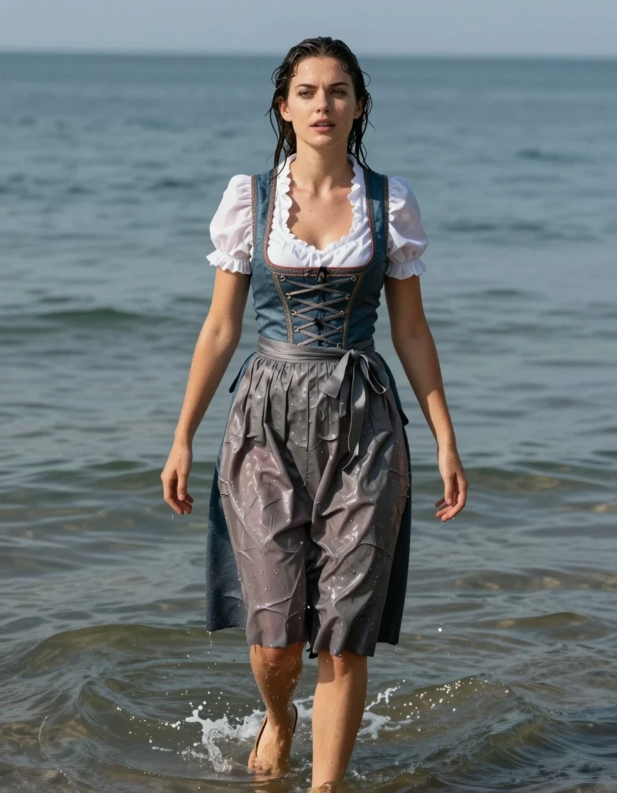 photo of young woman, in soaking wet, drenched clothes,
heels, long skirt, dirndl, sea, 
enjoying, wet clothes stuck to body,
detailed textures of the wet clothes, wet face, wet plastered hair,
wet, drenched, professional, high-quality details, full body view.
sharp focus, ultra-high pixel detail, realistic, high-quality, full colors, incredibly detailed, 4k, 8k, 16k, hyper-realistic, RAW photo, masterpiece, ultra-detailed, professionally color graded, professional photograph, wet skin, wet clothes, damp fabric