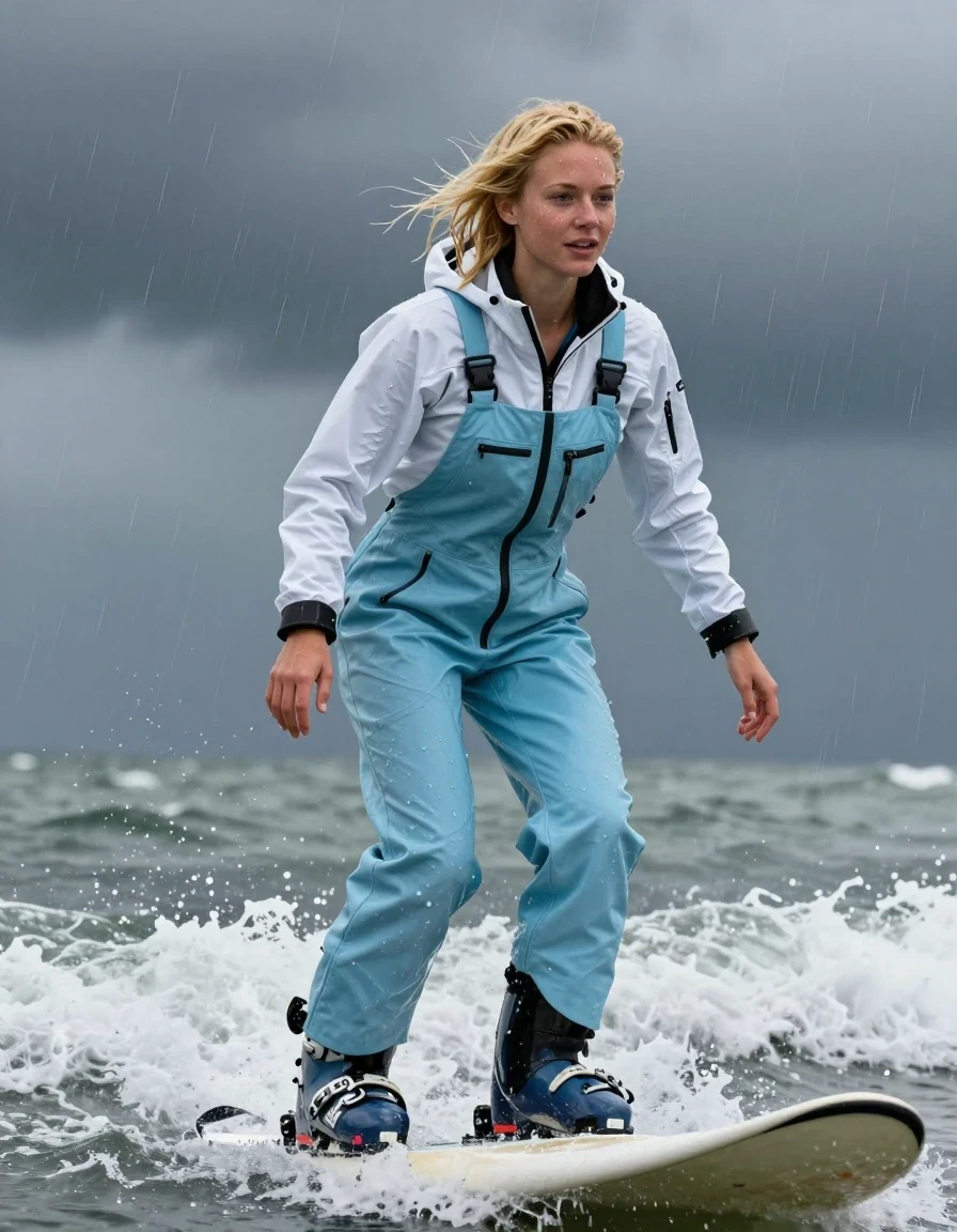 photo of young woman, in soaking wet, drenched clothes,
Ski boots, Pale blue salopettes, White ski jacket , Surf, 
enjoying, wet clothes stuck to body,
detailed textures of the wet clothes, wet face, wet plastered hair,
wet, drenched, professional, high-quality details, full body view.
sharp focus, ultra-high pixel detail, realistic, high-quality, full colors, incredibly detailed, 4k, 8k, 16k, hyper-realistic, RAW photo, masterpiece, ultra-detailed, professionally color graded, professional photograph, Blonde, in thunder storm, wet skin, wet clothes, damp fabric