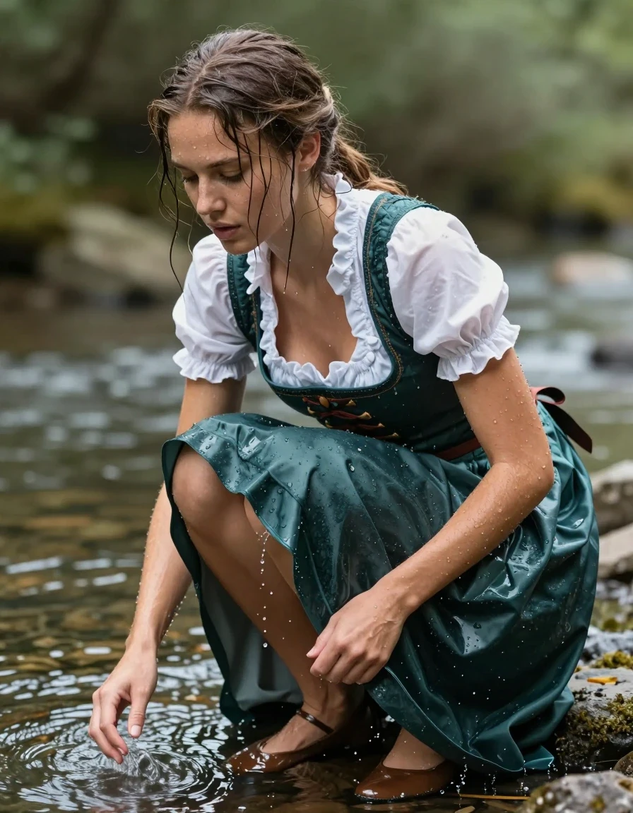 photo of young woman, in soaking wet, drenched clothes,
heels, long skirt, dirndl, river, 
enjoying, wet clothes stuck to body,
detailed textures of the wet clothes, wet face, wet plastered hair,
wet, drenched, professional, high-quality details, full body view.
sharp focus, ultra-high pixel detail, realistic, high-quality, full colors, incredibly detailed, 4k, 8k, 16k, hyper-realistic, RAW photo, masterpiece, ultra-detailed, professionally color graded, professional photograph, wet skin, wet clothes, damp fabric
