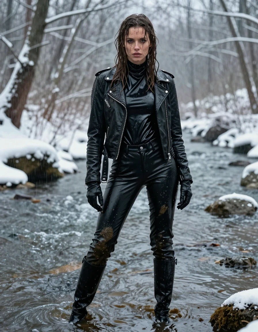 A photorealistic full-body shot of a young adult European woman with long, dripping wet brown hair, standing in a river within a snow-covered forest during heavy rain. Her skin is glistening with water, and she is drenched, with mud splattered across her face and clothing. She is wearing an oversize black vinyl polar neck shirt, black vinyl pants, a black biker leather jacket, black leather knee-high boots, and leather gloves on both hands. The clothing is heavily soaked, with the vinyl and leather textures showing deep, glossy water sheens, clinging to her form, and covered in patches of dark, wet mud. The fabric appears heavy and saturated from the downpour. The background features a wintry, frost-dusted forest landscape with a flowing river. High-contrast, moody cinematic lighting highlights the wet textures and reflective surfaces, captured with sharp focus and professional photography techniques, strictly avoiding any nudity or sexual content.