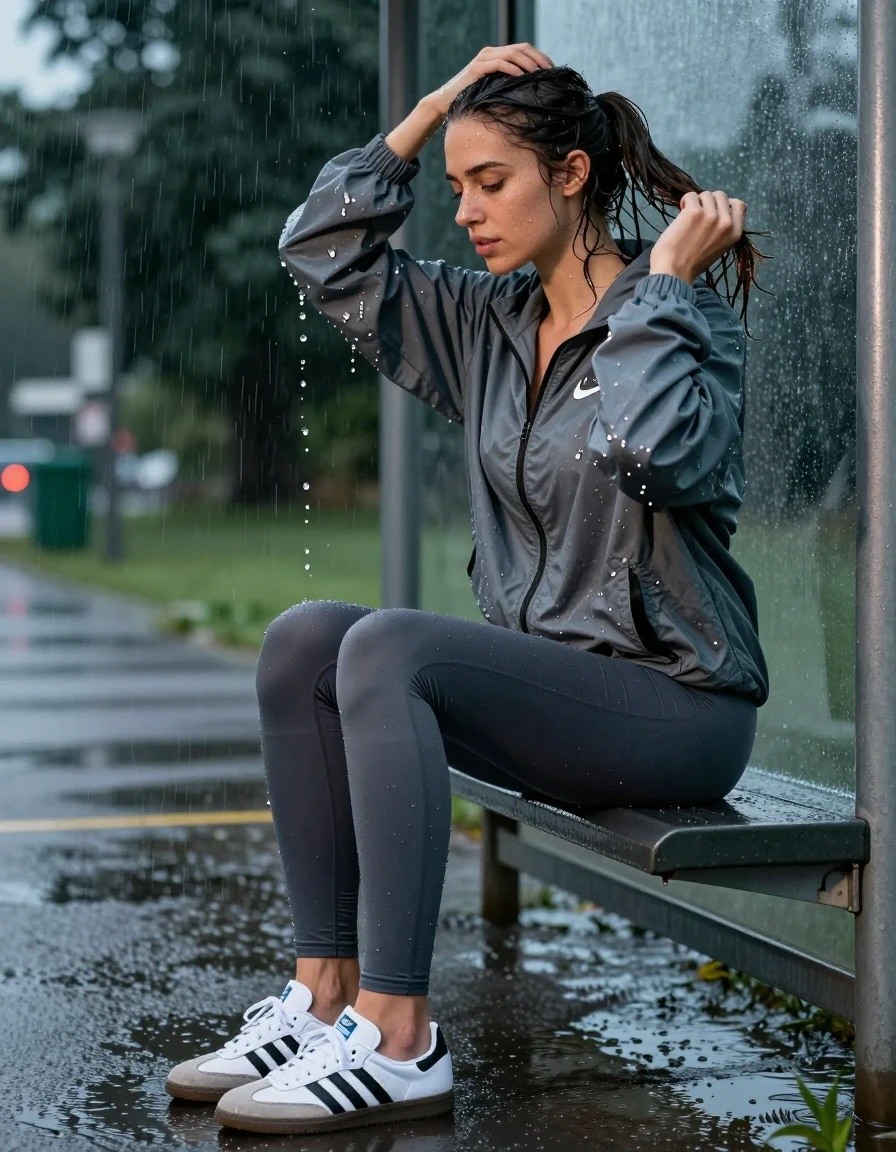 photo of young woman, in soaking wet, drenched clothes,
white adidas samba sneakers drenched in puddles, form-fitting charcoal grey moisture-wicking leggings clinging to skin, saturated oversized nike windbreaker jacket dripping with water, cramped metal bus stop shelter at dusk, 
enjoying, wet clothes stuck to body,
detailed textures of the wet clothes, wet face, wet plastered hair,
wet, drenched, professional, high-quality details, full body view.
sharp focus, ultra-high pixel detail, realistic, high-quality, full colors, incredibly detailed, 4k, 8k, 16k, hyper-realistic, RAW photo, masterpiece, ultra-detailed, professionally color graded, professional photograph, a woman wringing out her wet ponytail, rainwater droplets visible in the air, intense flash photography catching glossy reflections on drenched fabric, candid lifestyle aesthetic, sharp focus on texture, cinematic side profile framing, realistic raindrop splash patterns., wet skin, wet clothes, damp fabric