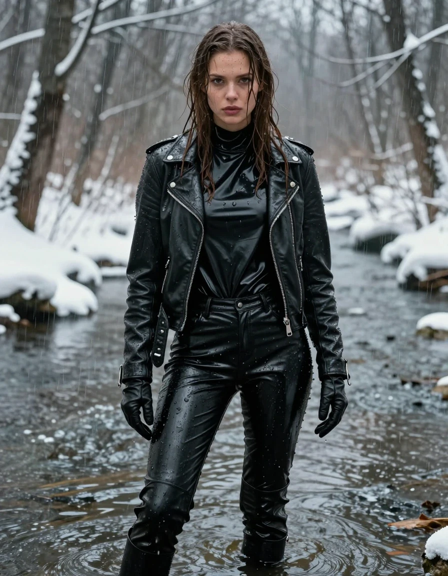 A photorealistic medium shot of a young adult European woman with long, dripping wet brown hair, standing in a shallow river within a dense, snow-covered forest during a heavy rainstorm. She is covered in streaks of mud, her skin glistening with water, and she is wearing an oversize black vinyl polar neck shirt, black vinyl pants, and a black biker leather jacket, all drenched and clinging to her frame. She wears black leather knee-high boots and black leather gloves on both hands. The fabric of her vinyl clothing is heavily saturated, showing deep, dark reflections and water sheen, with visible water droplets and rivulets running down the slick surfaces. The environment is cold and wintry, with snow dusting the trees and riverbanks. High-contrast, moody cinematic lighting accentuates the wet textures and the glossy, reflective quality of the vinyl and leather against the matte mud and snow. Hyper-detailed, 8k resolution, realistic water physics, sharp focus on the subject, no nudity, clean anatomy.