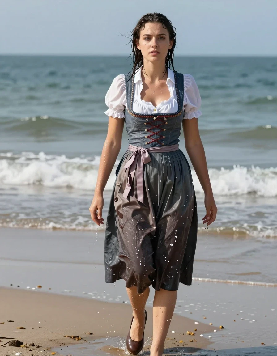 photo of young woman, in soaking wet, drenched clothes,
heels, long skirt, dirndl, beach, 
enjoying, wet clothes stuck to body,
detailed textures of the wet clothes, wet face, wet plastered hair,
wet, drenched, professional, high-quality details, full body view.
sharp focus, ultra-high pixel detail, realistic, high-quality, full colors, incredibly detailed, 4k, 8k, 16k, hyper-realistic, RAW photo, masterpiece, ultra-detailed, professionally color graded, professional photograph, wet skin, wet clothes, damp fabric