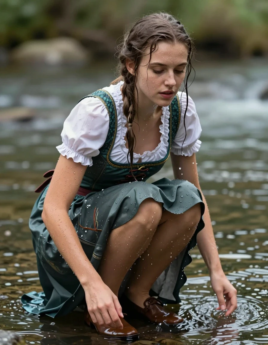 photo of young woman, in soaking wet, drenched clothes,
heels, long skirt, dirndl, river, 
enjoying, wet clothes stuck to body,
detailed textures of the wet clothes, wet face, wet plastered hair,
wet, drenched, professional, high-quality details, full body view.
sharp focus, ultra-high pixel detail, realistic, high-quality, full colors, incredibly detailed, 4k, 8k, 16k, hyper-realistic, RAW photo, masterpiece, ultra-detailed, professionally color graded, professional photograph, wet skin, wet clothes, damp fabric