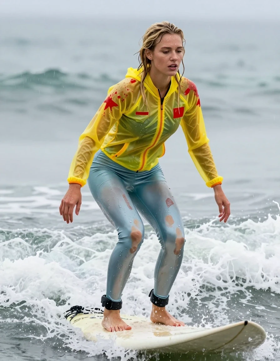 photo of young woman, in soaking wet, drenched clothes,
black high heels , Dirty pale blue satin leggings covered in paint , See-through yellow ski jacket covered in red paint , Surf, 
enjoying, wet clothes stuck to body,
detailed textures of the wet clothes, wet face, wet plastered hair,
wet, drenched, professional, high-quality details, full body view.
sharp focus, ultra-high pixel detail, realistic, high-quality, full colors, incredibly detailed, 4k, 8k, 16k, hyper-realistic, RAW photo, masterpiece, ultra-detailed, professionally color graded, professional photograph, Blonde, in a downpour, wet skin, wet clothes, damp fabric
