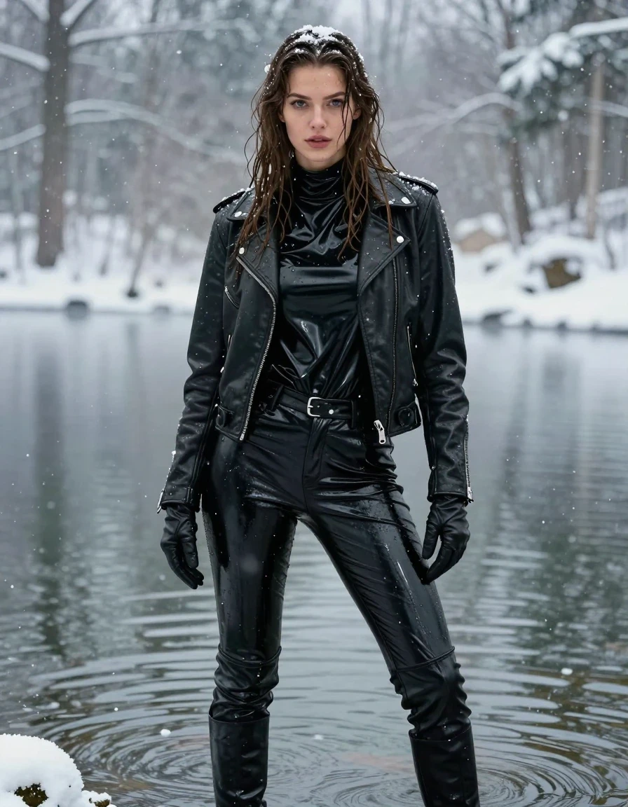 A stunning, photorealistic portrait of a young adult European woman with long, dripping wet brown hair, standing waist-deep in a freezing lake within a snow-covered forest during a heavy snowfall. She is wearing an oversize black vinyl polar neck shirt, a rugged black biker's leather jacket, tight black vinyl pants, black leather knee-high boots, and black leather gloves on both hands. Her skin is glistening with water, and her clothes are visibly drenched, with the vinyl and leather fabrics showing heavy water sheen, dark saturated tones, and clinging tightly to her form. The environment is cold and wintery, with snow accumulating on her shoulders and hair. The lighting is soft and diffused by the falling snow, emphasizing the glossy, wet textures of the vinyl and leather against the matte, cold background. High-detail photography, sharp focus on the wet skin and fabric textures, cinematic composition, no nudity, fully clothed.