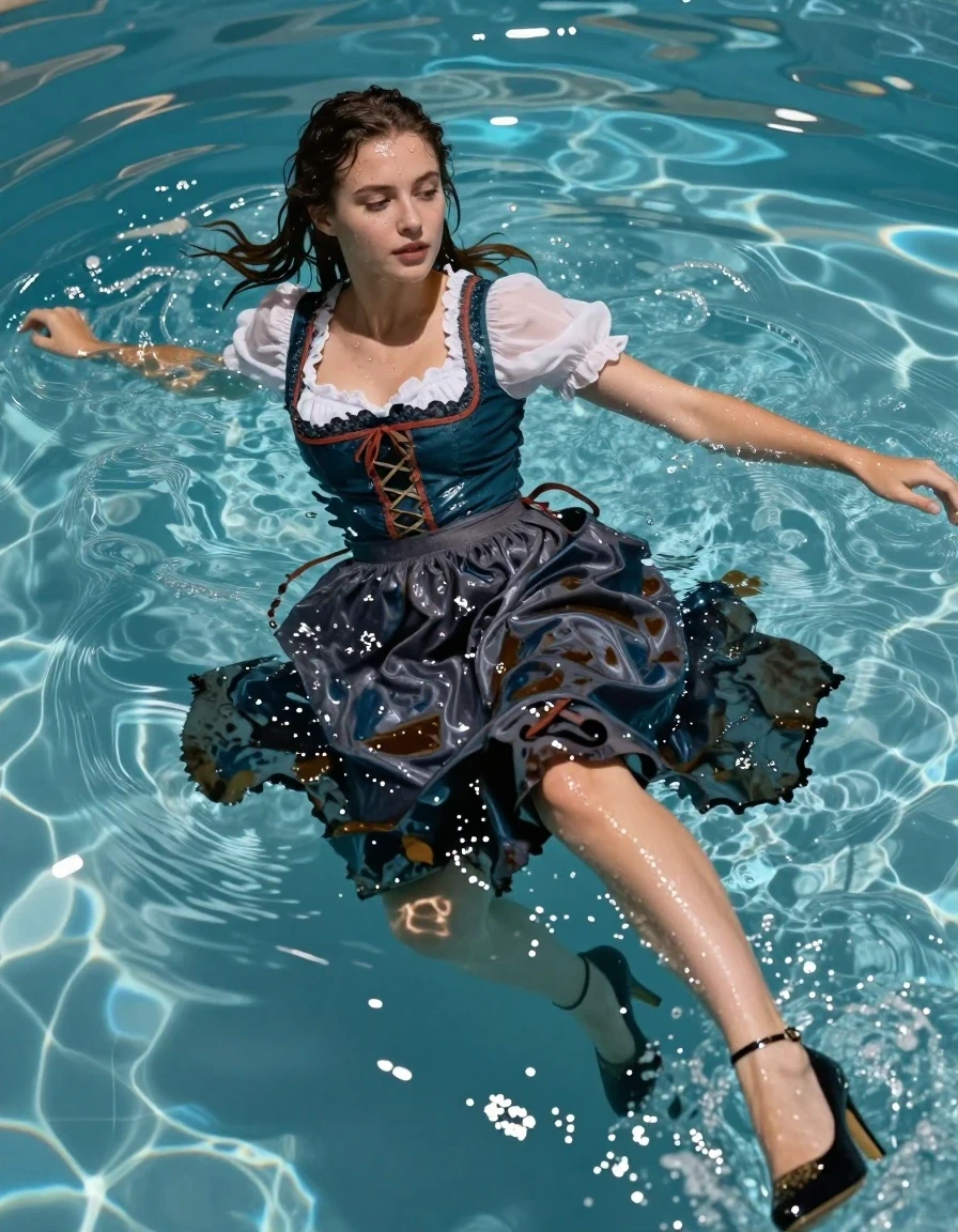 A stunning young adult European woman swimming in a crystal-clear pool, full-body shot. She is wearing a traditional dirndl with a long skirt, the fabric completely saturated and heavy with water, clinging to her form with darkened, translucent patches and deep, realistic folds. She is wearing high-heeled shoes that are submerged and glistening with water. Her skin is slick and glowing with water droplets, and her hair is wet, dark, and plastered to her face and shoulders. The water around her is turbulent with ripples and splashes. Cinematic lighting highlights the intense wet sheen on the fabric and skin, creating strong specular reflections. High-resolution photography, 8k, hyper-realistic textures, vibrant wet atmosphere, sharp focus on the interplay of water and fabric.