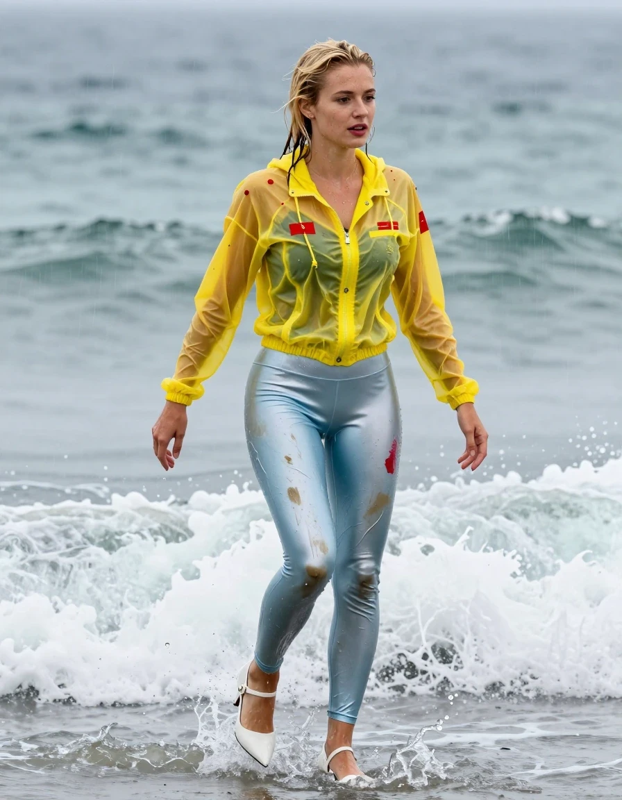photo of young woman, in soaking wet, drenched clothes,
Strappy white stilettos , Dirty pale blue satin leggings covered in paint , See-through yellow ski jacket covered in red paint , Swimming in surf , 
enjoying, wet clothes stuck to body,
detailed textures of the wet clothes, wet face, wet plastered hair,
wet, drenched, professional, high-quality details, full body view.
sharp focus, ultra-high pixel detail, realistic, high-quality, full colors, incredibly detailed, 4k, 8k, 16k, hyper-realistic, RAW photo, masterpiece, ultra-detailed, professionally color graded, professional photograph, Blonde, in a downpour, wet skin, wet clothes, damp fabric