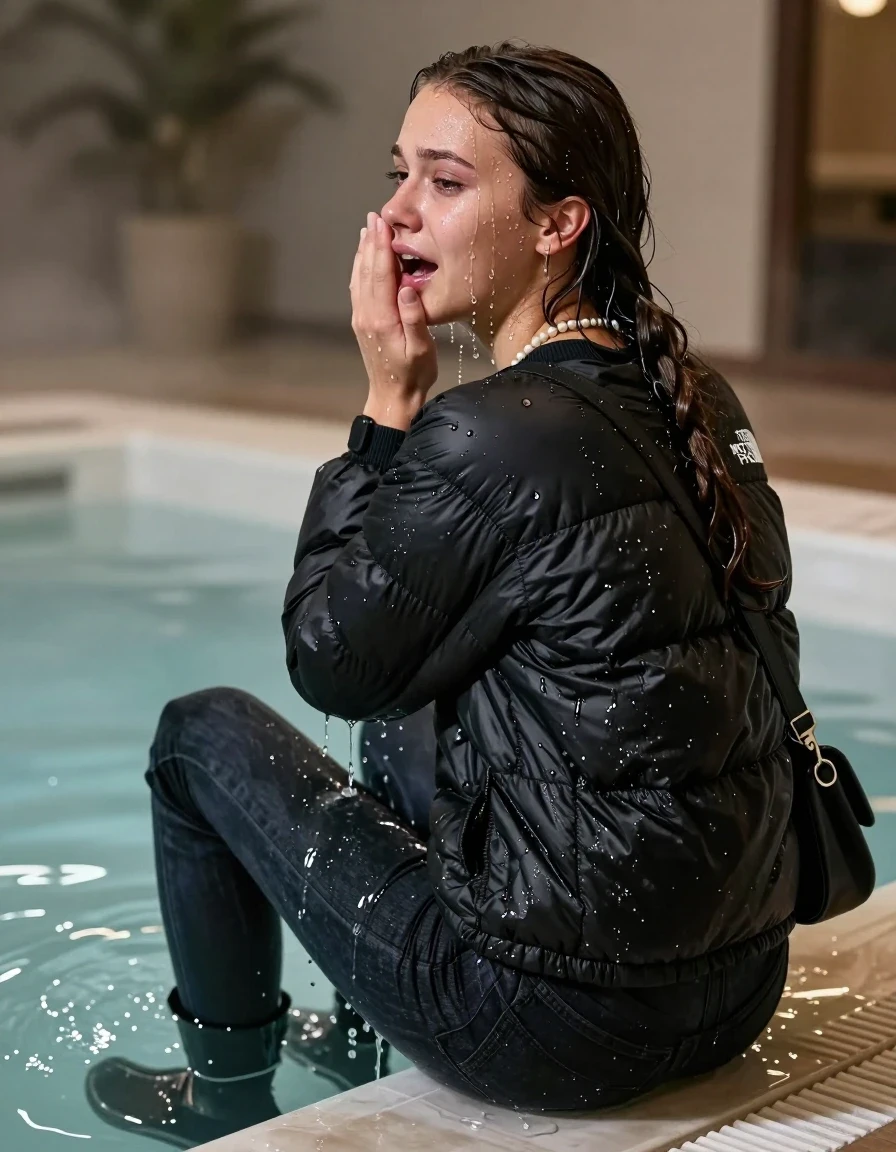photo of young woman, in soaking wet, drenched clothes,
Ankle boots, Dark skinny jeans, Black North face puffer down jacket, Open jacket, tight v-neck sweater belly free, shoulderbag, pearl necklace, bracelet, wristwatch, Steaming indoor jacuzzi , 
enjoying, wet clothes stuck to body,
detailed textures of the wet clothes, wet face, wet plastered hair,
wet, drenched, professional, high-quality details, full body view.
sharp focus, ultra-high pixel detail, realistic, high-quality, full colors, incredibly detailed, 4k, 8k, 16k, hyper-realistic, RAW photo, masterpiece, ultra-detailed, professionally color graded, professional photograph, A realistic vertical fashion photograph taken from a backward, behind-the-back angle of a 15-year-old teenage girl sitting in a steaming indoor jacuzzi, facing away from the camera to show her back. She is tilting her head at camera, letting the water drench her hair so it is glued flat against her head and body. She has pigtails, completely saturated and dripping wet hair, with water cascading down her face and neck, crying and astonished expression. She hold her flat hand in front of her mouth. The lighting is bright and cinematic, highlighting the glistening water droplets on her skin and the saturated texture of her  casual clothes.  Open mouth, half closed eyes. 
her clothing is soaking wet and clinging tightly to her skin, showing heavy wet folds, darkened fabric texture, and deep water-saturated Patches, her clothes are heavy from the water, water runs from her body and her clothes in streams. A lot of water also runs out of her clothes. Her clothes are darkened by the water. 
hyper-realistic wetness, high-contrast water sheen, sharp focus, 16k resolution, professional photography, realistic water physics., wet skin, wet clothes, damp fabric, wet skin, wet clothes, damp fabric, wet skin, wet clothes, damp fabric, wet skin, wet clothes, damp fabric, wet skin, wet clothes, damp fabric, wet skin, wet clothes, damp fabric, wet skin, wet clothes, damp fabric, wet skin, wet clothes, damp fabric, wet skin, wet clothes, damp fabric