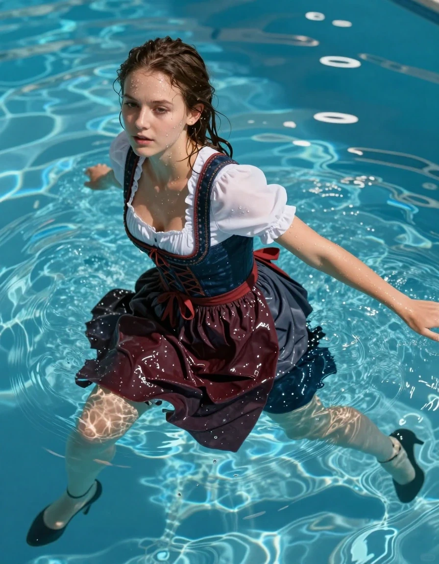 A stunning young adult European woman swimming in a crystal-clear pool, her skin and hair drenched and glistening with water droplets. She is wearing a traditional dirndl with a long skirt, the fabric completely soaked, heavy, and clinging to her form, showing deep color saturation and dark, translucent patches where the material is saturated. She is wearing high heels that are submerged and catching the light underwater. The scene features realistic wet textures, clinging fabric folds, and strong specular reflections on her wet skin and the surface of the water. High-angle cinematic shot, vibrant pool lighting reflecting off the water surface, hyper-realistic water physics, 8k resolution, sharp focus on the subject, wet hair strands plastered to her face.