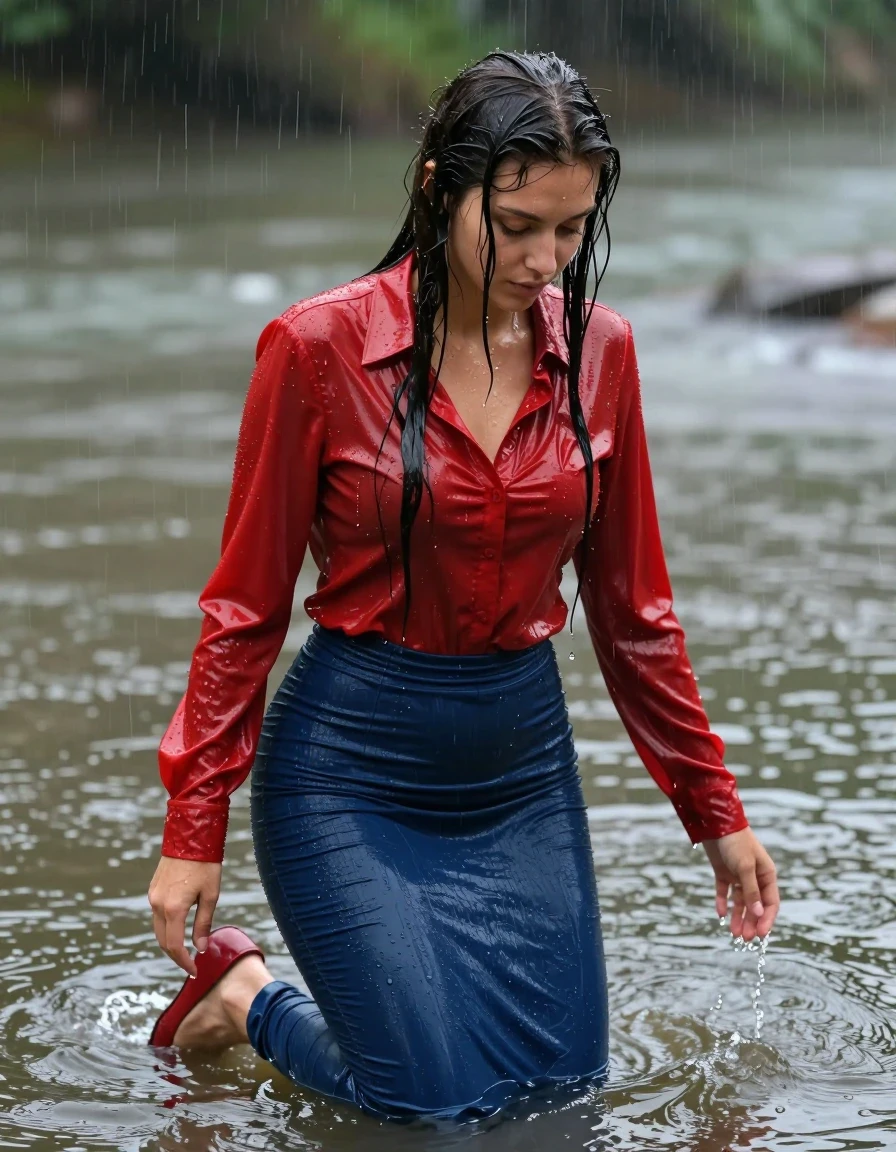 photo of young woman, in soaking wet, drenched clothes,
pumps, blue tight long dress, jeans, shiny light red blouse , long blouse, river, rain, 
enjoying, wet clothes stuck to body,
detailed textures of the wet clothes, wet face, wet plastered hair,
wet, drenched, professional, high-quality details, full body view.
sharp focus, ultra-high pixel detail, realistic, high-quality, full colors, incredibly detailed, 4k, 8k, 16k, hyper-realistic, RAW photo, masterpiece, ultra-detailed, professionally color graded, professional photograph, collar, long sleeves, long blouse, unbuttoned, 
wet hair, long hair, drenched, dripping wet, submerged, full body, wet skin, wet clothes, damp fabric