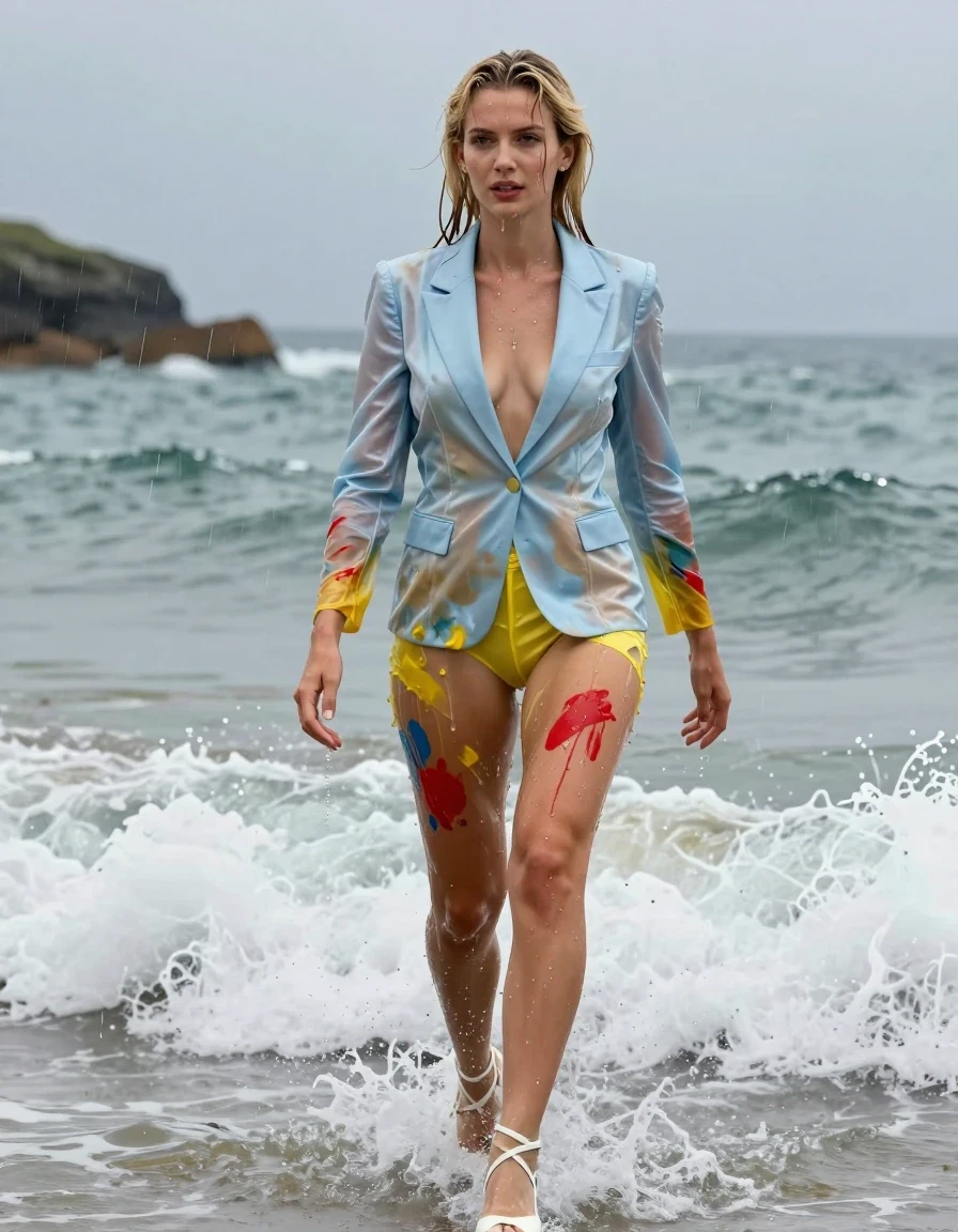 photo of young woman, in soaking wet, drenched clothes,
Strappy white stilettos , Dirty pale blue satin business suit covered in paint , See-through yellow business suit covered in red paint , Swimming in surf , 
enjoying, wet clothes stuck to body,
detailed textures of the wet clothes, wet face, wet plastered hair,
wet, drenched, professional, high-quality details, full body view.
sharp focus, ultra-high pixel detail, realistic, high-quality, full colors, incredibly detailed, 4k, 8k, 16k, hyper-realistic, RAW photo, masterpiece, ultra-detailed, professionally color graded, professional photograph, Blonde, in a downpour, wet skin, wet clothes, damp fabric
