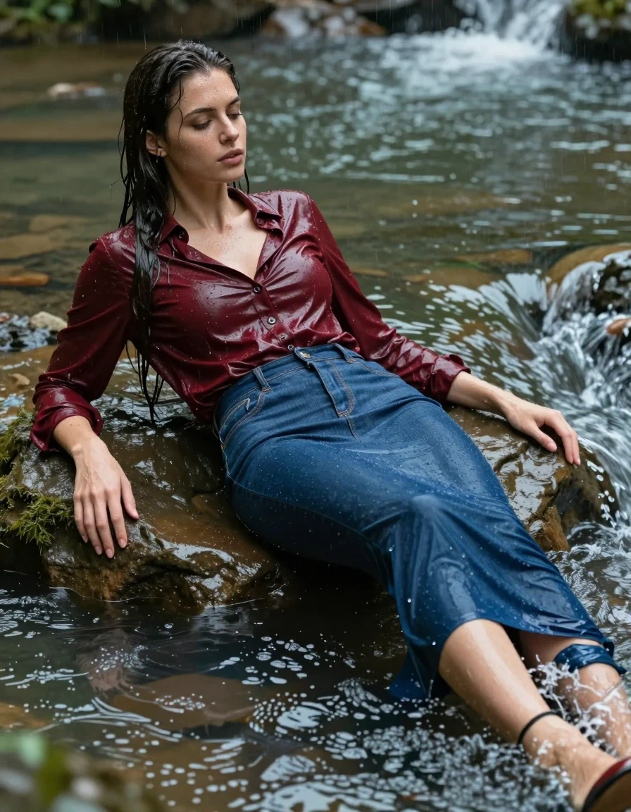photo of young woman, in soaking wet, drenched clothes,
pumps, blue tight long dress, jeans, shiny dark red shirtdress , long blouse, river, rain, 
enjoying, wet clothes stuck to body,
detailed textures of the wet clothes, wet face, wet plastered hair,
wet, drenched, professional, high-quality details, full body view.
sharp focus, ultra-high pixel detail, realistic, high-quality, full colors, incredibly detailed, 4k, 8k, 16k, hyper-realistic, RAW photo, masterpiece, ultra-detailed, professionally color graded, professional photograph, collar, long sleeves, long blouse, unbuttoned, 
wet hair, long hair, drenched, dripping wet, complete submerged, full body, lying, wet skin, wet clothes, damp fabric