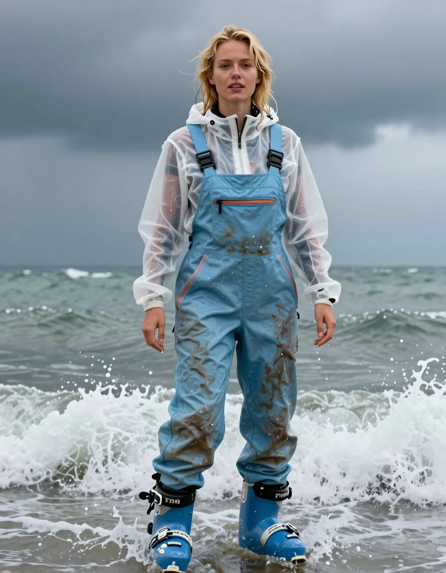 photo of young woman, in soaking wet, drenched clothes,
Ski boots, Dirty pale blue salopettes, Transparent White ski jacket , Standing in the surf, 
enjoying, wet clothes stuck to body,
detailed textures of the wet clothes, wet face, wet plastered hair,
wet, drenched, professional, high-quality details, full body view.
sharp focus, ultra-high pixel detail, realistic, high-quality, full colors, incredibly detailed, 4k, 8k, 16k, hyper-realistic, RAW photo, masterpiece, ultra-detailed, professionally color graded, professional photograph, Blonde, in thunder storm, wet skin, wet clothes, damp fabric