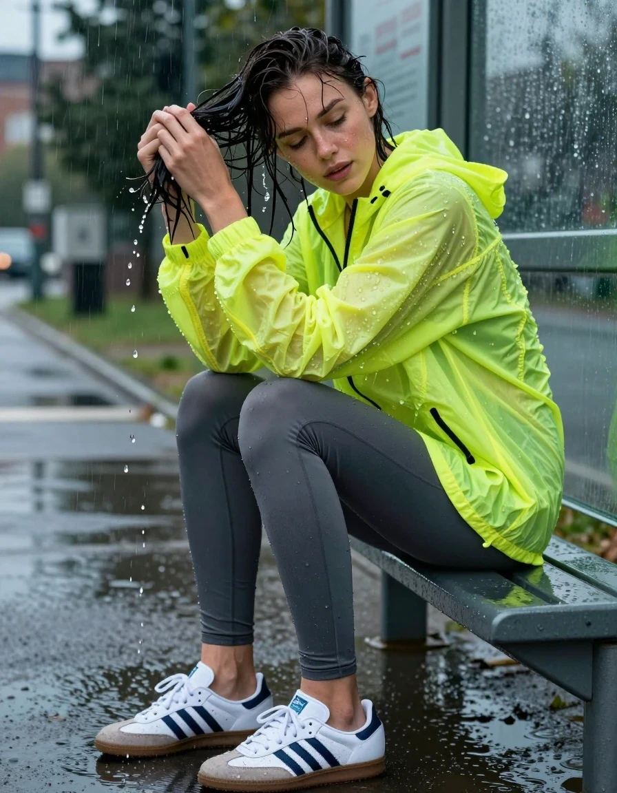 photo of young woman, in soaking wet, drenched clothes,
white adidas samba sneakers drenched in puddles, form-fitting charcoal grey moisture-wicking leggings clinging to skin, saturated oversized neon yellow windbreaker jacket dripping with water, cramped metal bus stop shelter at dusk, 
enjoying, wet clothes stuck to body,
detailed textures of the wet clothes, wet face, wet plastered hair,
wet, drenched, professional, high-quality details, full body view.
sharp focus, ultra-high pixel detail, realistic, high-quality, full colors, incredibly detailed, 4k, 8k, 16k, hyper-realistic, RAW photo, masterpiece, ultra-detailed, professionally color graded, professional photograph, a woman wringing out her wet ponytail, rainwater droplets visible in the air, intense flash photography catching glossy reflections on drenched fabric, candid lifestyle aesthetic, sharp focus on texture, cinematic side profile framing, realistic raindrop splash patterns., wet skin, wet clothes, damp fabric