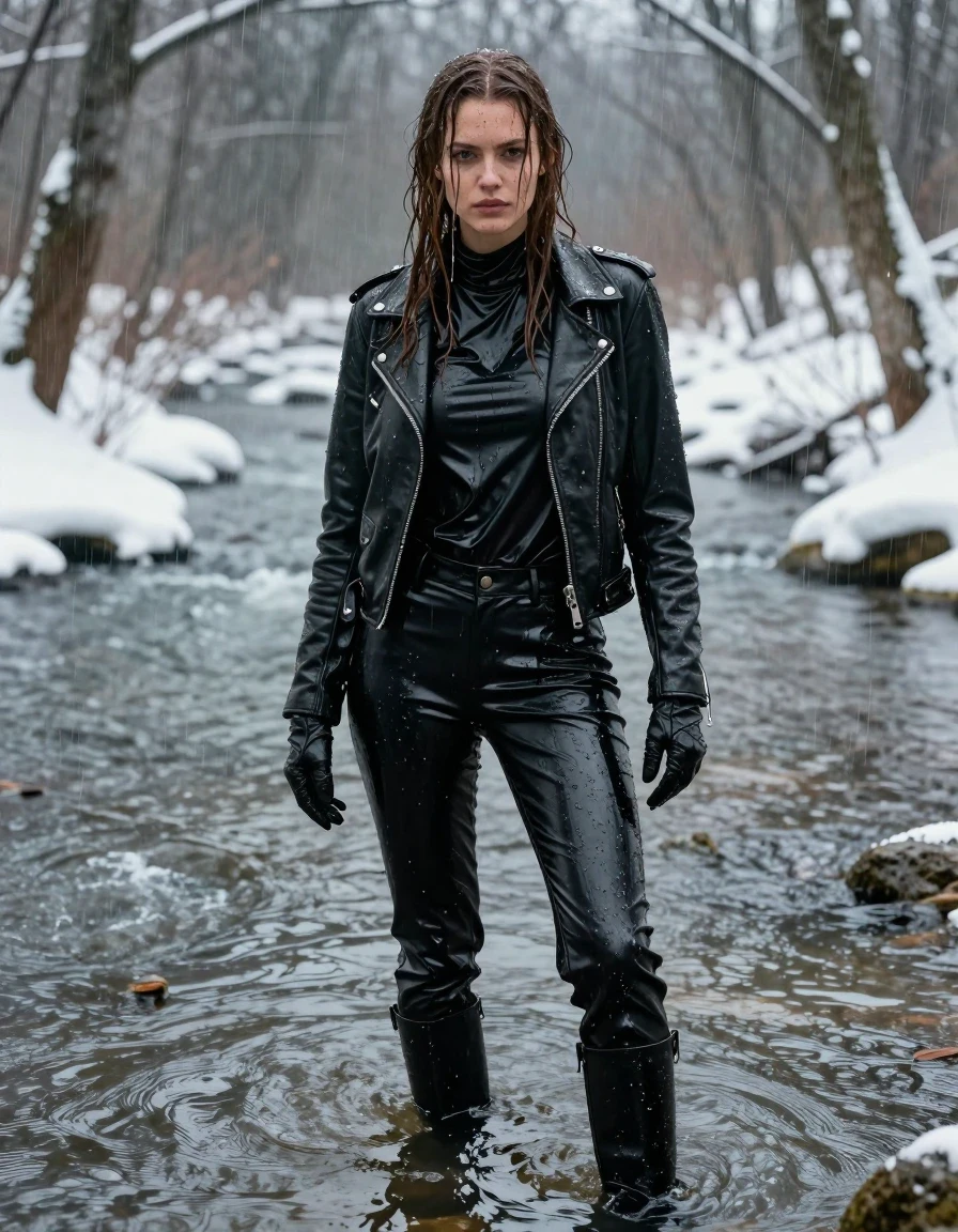 A photorealistic medium shot of a young adult European woman with long dripping wet brown hair, standing in a river within a snow-covered forest during heavy rain. She is completely drenched, her skin glistening with water and covered in streaks of mud. She wears an oversize black vinyl polar neck shirt, black vinyl pants, and a black biker leather jacket, all heavily saturated with water, clinging to her body, and exhibiting a deep, high-gloss wet sheen. She wears black leather knee-high boots and matching leather gloves on both hands, with mud splattered across the garments and skin. The atmosphere is cold and wintry, with heavy rainfall creating ripples in the river and water running down her face and clothing. High-contrast cinematic lighting, sharp focus on textures, hyper-detailed wet skin, damp fabric, realistic water reflections, professional photography, 8k resolution, no nudity, fully clothed.