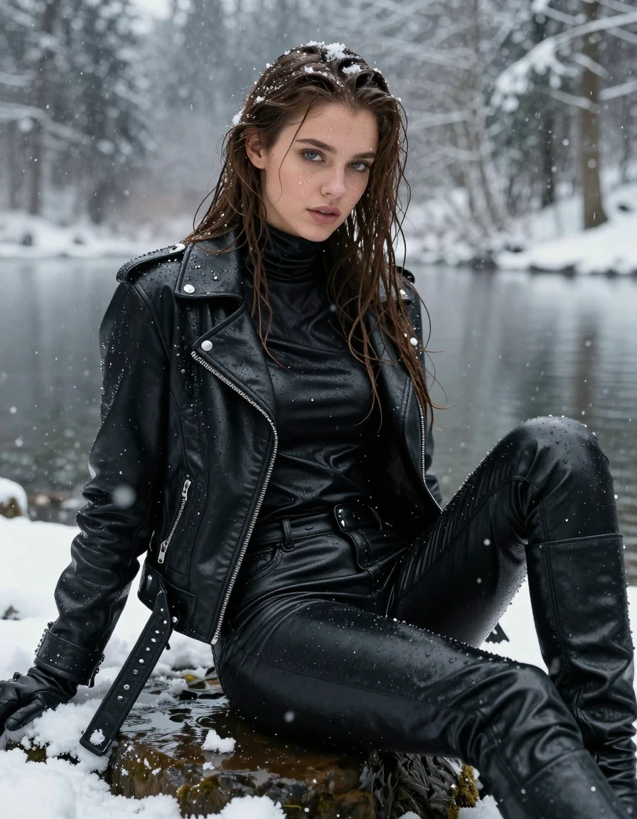 A stunning young adult European woman with long, dripping wet brown hair, captured in a photorealistic scene. She is wearing an oversize black leather polar neck shirt, a black biker leather jacket, black leather pants, black leather knee-high boots, and leather gloves on both hands. All leather garments are visibly drenched, featuring a heavy wet sheen, clinging to her form, with deep, dark saturated tones, water-beaded surfaces, and bright specular highlights reflecting the snowy environment. Her skin is glistening with moisture, damp and wet. She is relaxing inside a tranquil lake situated in a dense, snow-covered forest during a heavy snowfall. The atmosphere is cold and wintry, with snowflakes settling on her wet hair and shoulders. High-contrast, cinematic lighting emphasizes the texture of the saturated leather and her wet skin. 8k resolution, hyper-detailed, professional photography, sharp focus, no nudity, fully clothed, modest attire.