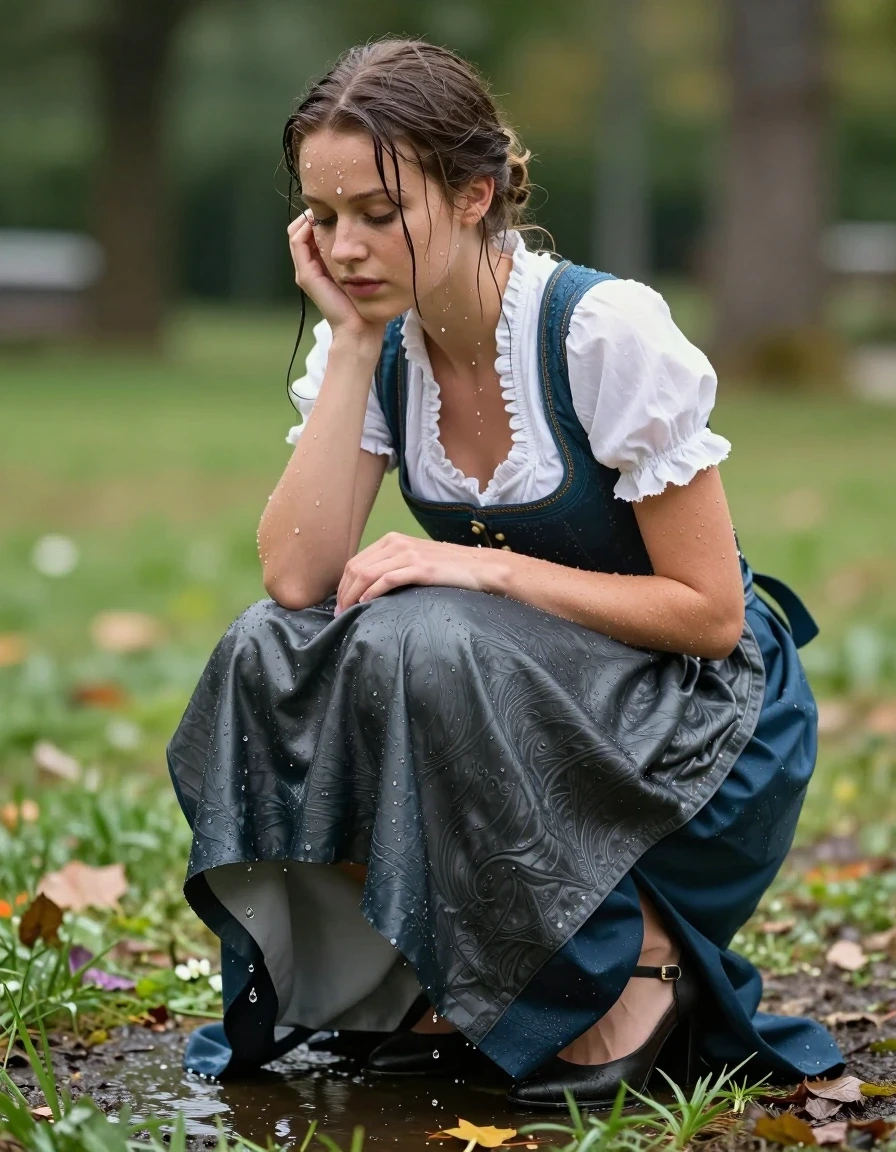 photo of young woman, in soaking wet, drenched clothes,
heels, long skirt, dirndl, park, 
enjoying, wet clothes stuck to body,
detailed textures of the wet clothes, wet face, wet plastered hair,
wet, drenched, professional, high-quality details, full body view.
sharp focus, ultra-high pixel detail, realistic, high-quality, full colors, incredibly detailed, 4k, 8k, 16k, hyper-realistic, RAW photo, masterpiece, ultra-detailed, professionally color graded, professional photograph, wet skin, wet clothes, damp fabric