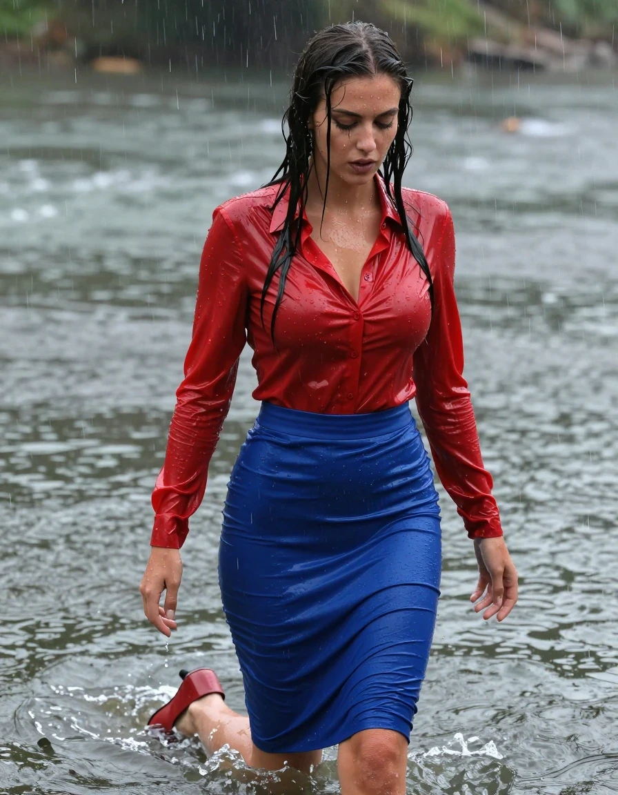 photo of young woman, in soaking wet, drenched clothes,
pumps, blue tight long dress, shiny light red blouse , long blouse, river, rain, 
enjoying, wet clothes stuck to body,
detailed textures of the wet clothes, wet face, wet plastered hair,
wet, drenched, professional, high-quality details, full body view.
sharp focus, ultra-high pixel detail, realistic, high-quality, full colors, incredibly detailed, 4k, 8k, 16k, hyper-realistic, RAW photo, masterpiece, ultra-detailed, professionally color graded, professional photograph, collar, long sleeves, long blouse, unbuttoned, 
wet hair, long hair, drenched, dripping wet, submerged, full body, wet skin, wet clothes, damp fabric