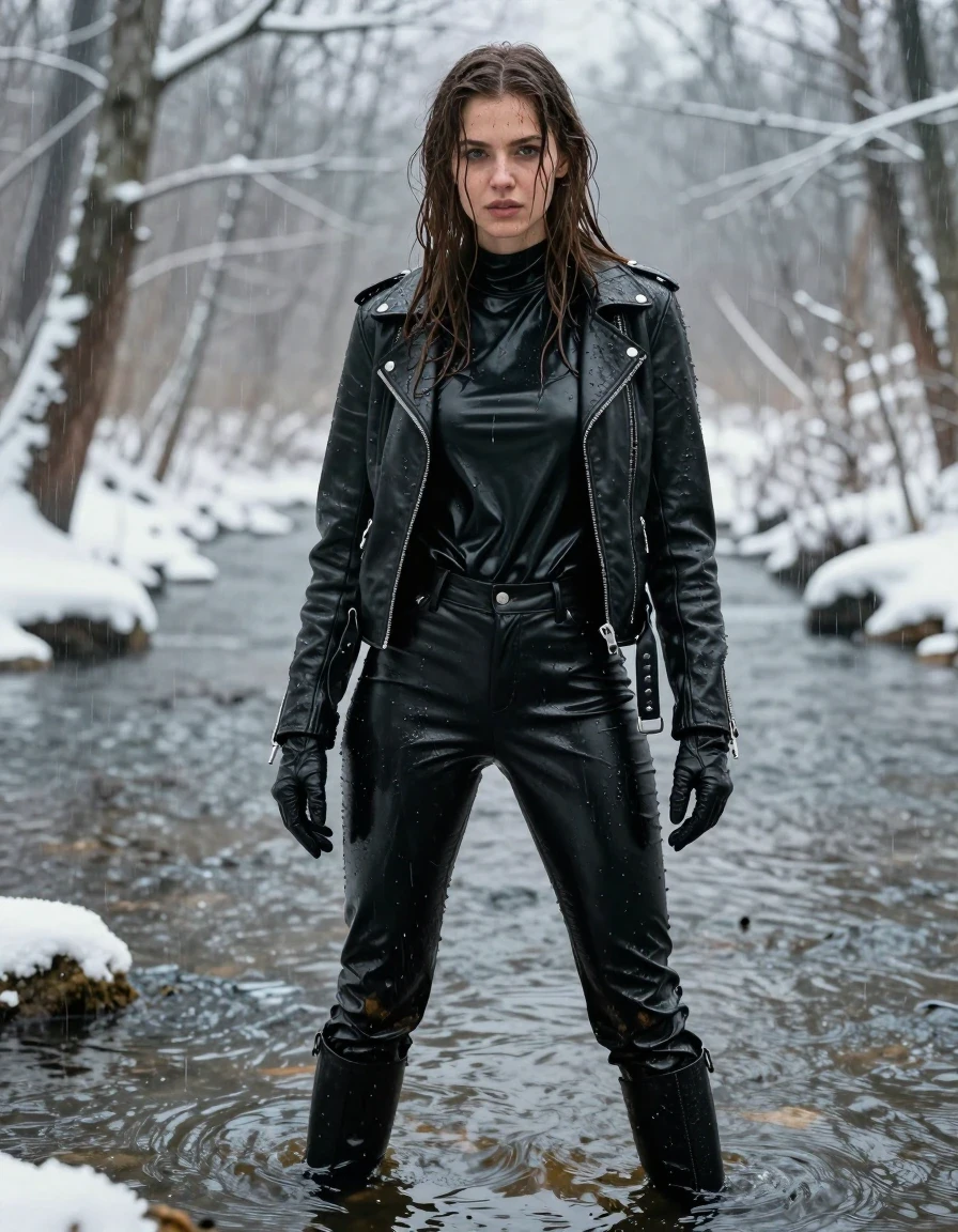 A photorealistic full-body shot of a young adult European woman with long, dripping wet brown hair, standing in a shallow river within a snowy, frozen forest. She is drenched in heavy rain, her skin glistening with water and covered in streaks of mud. She wears an oversize black vinyl polar neck shirt that clings to her frame, layered under a rugged black biker's leather jacket, with black vinyl pants and black leather knee-high boots. She wears black leather gloves on both hands. The clothing is heavily saturated, showing deep wet sheen, heavy folds, and mud splatters. The environment features snow-covered trees and a cold, misty river atmosphere. The lighting is moody and overcast, highlighting the reflective, wet surfaces of the vinyl and leather textures. High-detail photographic quality, sharp focus on skin pores and fabric textures, no nudity, clean anatomy, realistic rain effects.