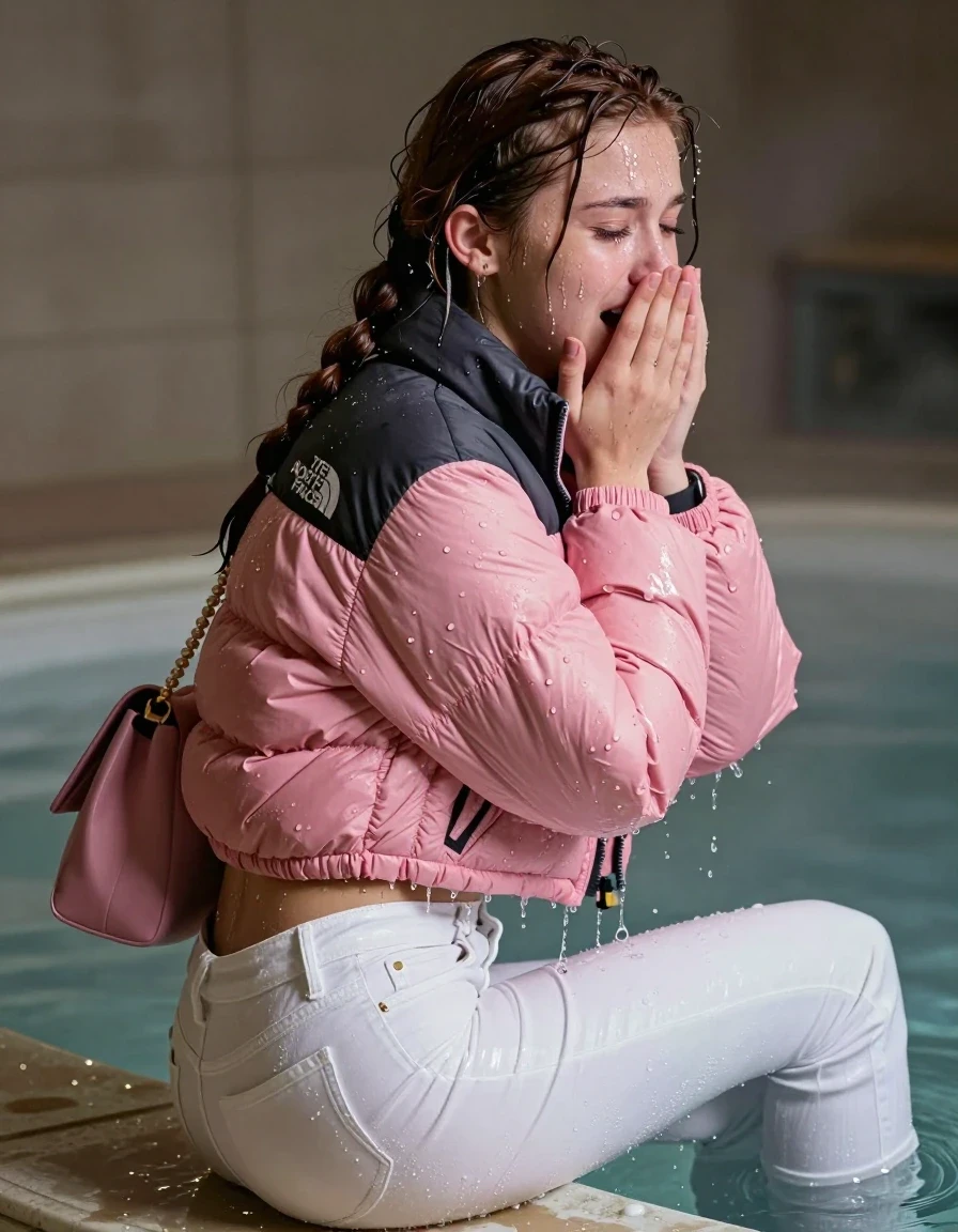 photo of young woman, in soaking wet, drenched clothes,
, White levis skinny jeans, Pink North face puffer down jacket, Open jacket, tight v-neck sweater belly free, shoulderbag, pearl necklace, bracelet, wristwatch, Steaming indoor jacuzzi , 
enjoying, wet clothes stuck to body,
detailed textures of the wet clothes, wet face, wet plastered hair,
wet, drenched, professional, high-quality details, full body view.
sharp focus, ultra-high pixel detail, realistic, high-quality, full colors, incredibly detailed, 4k, 8k, 16k, hyper-realistic, RAW photo, masterpiece, ultra-detailed, professionally color graded, professional photograph, A realistic vertical fashion photograph taken from a backward, behind-the-back angle of a 15-year-old teenage girl sitting in a steaming indoor jacuzzi, facing away from the camera to show her back. She holds her hands over her face. She is tilting her head at camera, letting the water drench her hair so it is glued flat against her head and body. She has dark auburn pigtails, completely saturated and dripping wet hair, with water cascading down her face and neck, crying and astonished expression. The lighting is bright and cinematic, highlighting the glistening water droplets on her skin and the saturated texture of her  casual clothes.  Open mouth, half closed eyes. 
her clothing is soaking wet and clinging tightly to her skin, showing heavy wet folds, darkened fabric texture, and deep water-saturated Patches, her clothes are heavy from the water, water runs from her body and her clothes in streams. A lot of water also runs out of her clothes. Her clothes are darkened by the water. 
hyper-realistic wetness, high-contrast water sheen, sharp focus, 16k resolution, professional photography, realistic water physics., wet skin, wet clothes, damp fabric, wet skin, wet clothes, damp fabric, wet skin, wet clothes, damp fabric, wet skin, wet clothes, damp fabric, wet skin, wet clothes, damp fabric, wet skin, wet clothes, damp fabric, wet skin, wet clothes, damp fabric, wet skin, wet clothes, damp fabric, wet skin, wet clothes, damp fabric, wet skin, wet clothes, damp fabric, wet skin, wet clothes, damp fabric