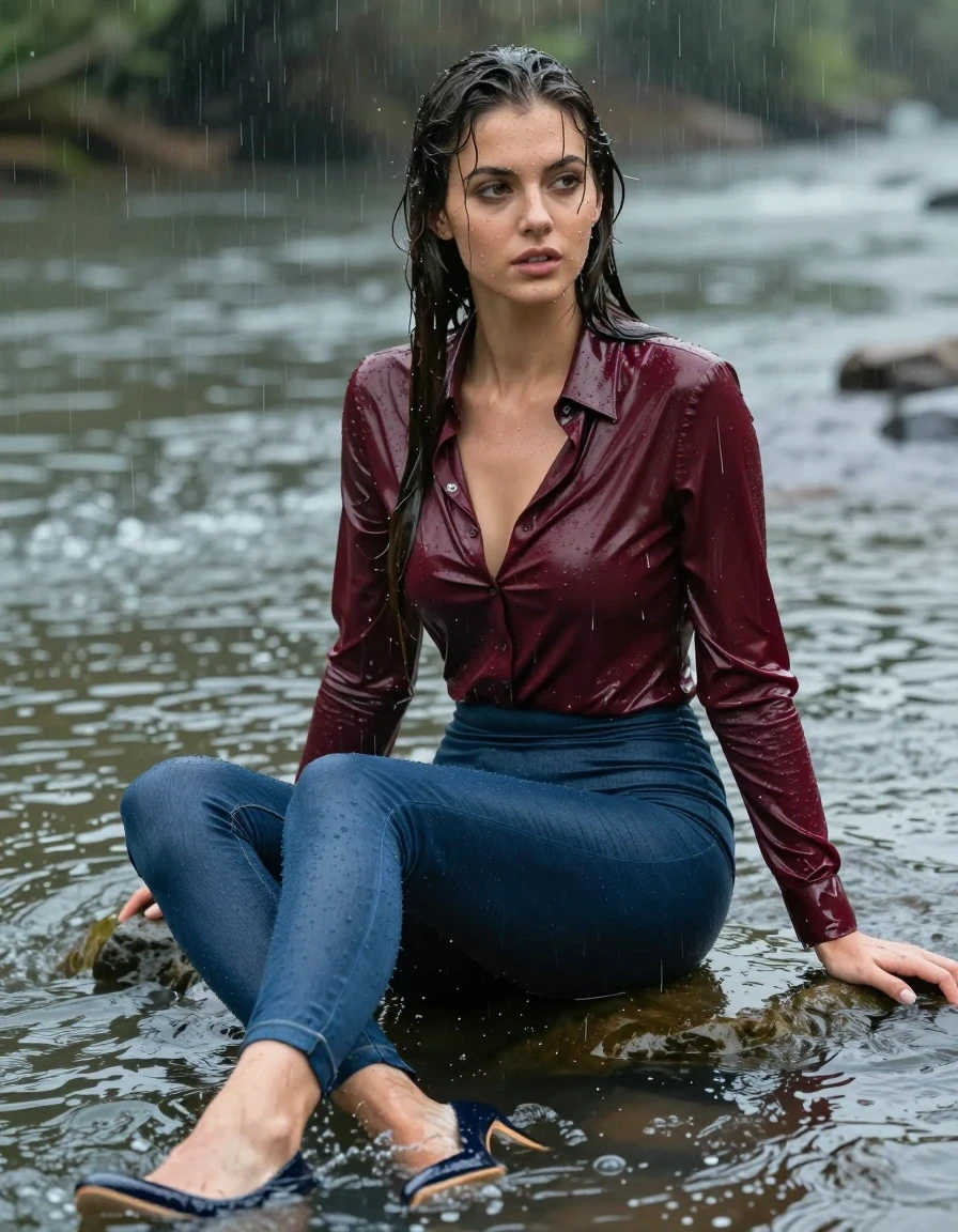 photo of young woman, in soaking wet, drenched clothes,
pumps, blue tight long dress, jeans, shiny dark red blouse , long blouse, river, rain, 
enjoying, wet clothes stuck to body,
detailed textures of the wet clothes, wet face, wet plastered hair,
wet, drenched, professional, high-quality details, full body view.
sharp focus, ultra-high pixel detail, realistic, high-quality, full colors, incredibly detailed, 4k, 8k, 16k, hyper-realistic, RAW photo, masterpiece, ultra-detailed, professionally color graded, professional photograph, collar, long sleeves, long blouse, unbuttoned, 
wet hair, long hair, drenched, dripping wet, complete submerged, full body, sitting, wet skin, wet clothes, damp fabric