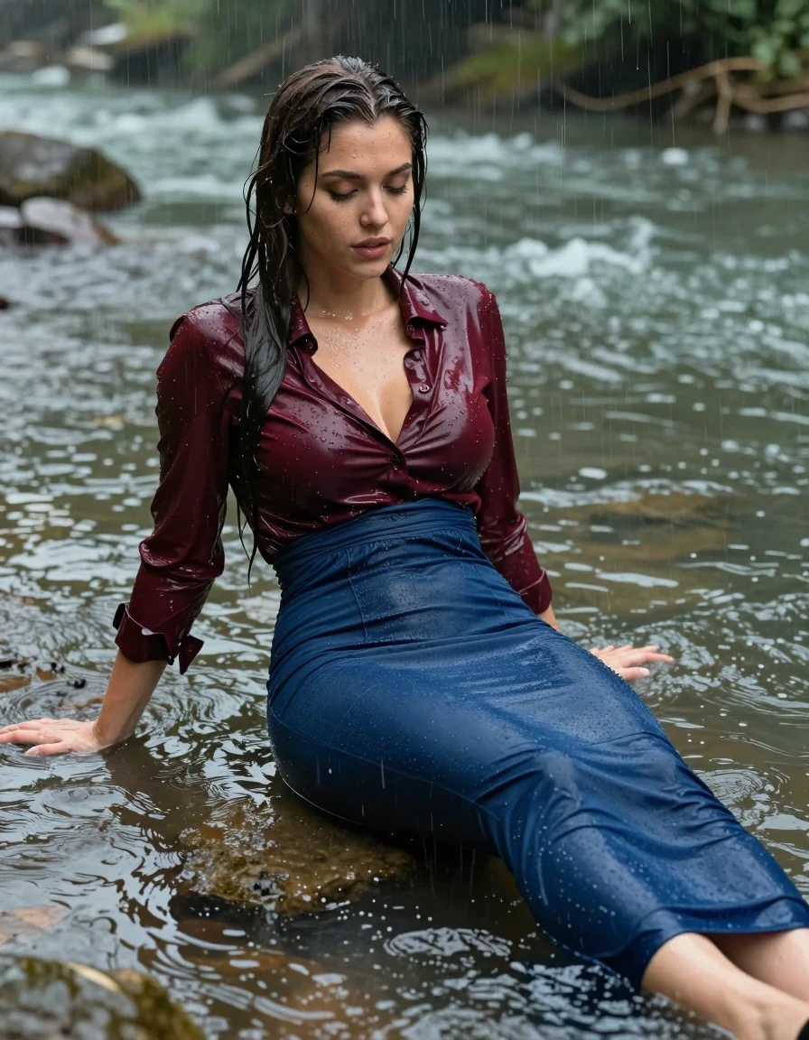 photo of young woman, in soaking wet, drenched clothes,
pumps, blue tight long dress, jeans, shiny dark red blouse , long blouse, river, rain, 
enjoying, wet clothes stuck to body,
detailed textures of the wet clothes, wet face, wet plastered hair,
wet, drenched, professional, high-quality details, full body view.
sharp focus, ultra-high pixel detail, realistic, high-quality, full colors, incredibly detailed, 4k, 8k, 16k, hyper-realistic, RAW photo, masterpiece, ultra-detailed, professionally color graded, professional photograph, collar, long sleeves, long blouse, unbuttoned, 
wet hair, long hair, drenched, dripping wet, complete submerged, full body, lying, wet skin, wet clothes, damp fabric