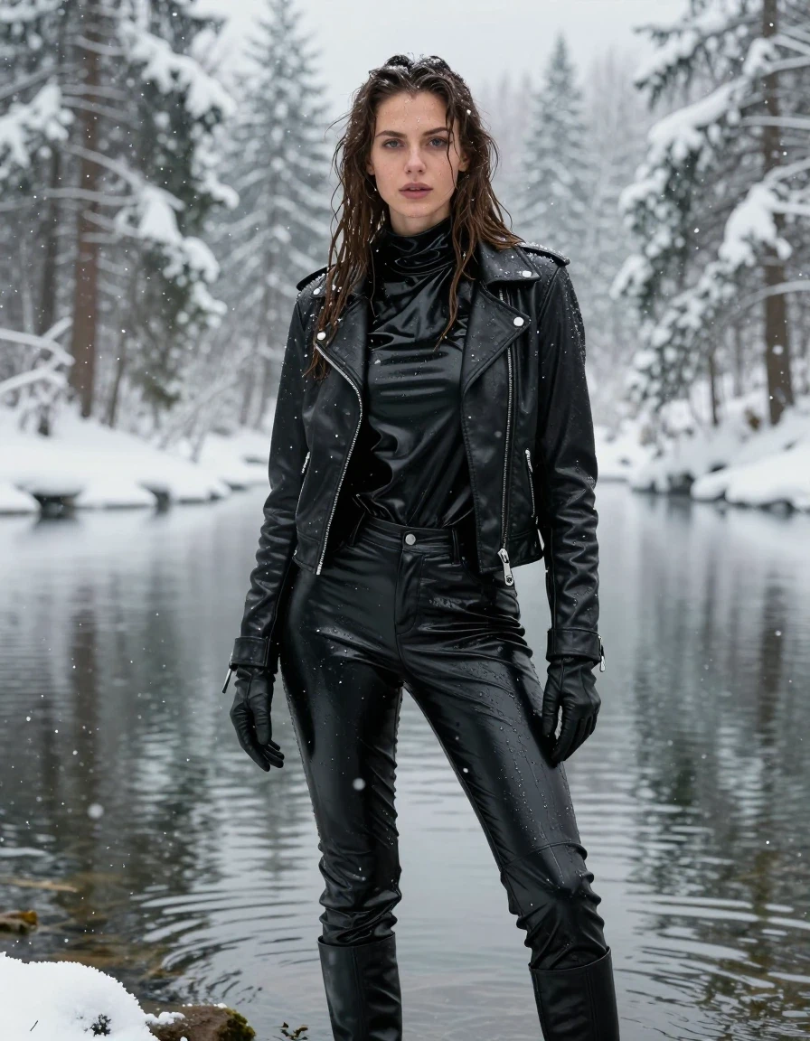 A photorealistic medium shot of a young adult European woman with long dripping wet brown hair, standing and relaxing inside a calm lake within a snow-covered forest during a heavy snowfall. She is wearing an oversize black vinyl polar neck shirt, black vinyl pants, a black biker leather jacket, black leather knee-high boots, and leather gloves on both hands. Her skin is visibly wet with a natural water sheen, and her clothing is heavily drenched, showcasing dark, clinging, damp fabric with realistic water weight and folds. The environment is cold and wintery, with snow accumulating on the forest surroundings and the surface of the water. The lighting is soft and diffused by the falling snow, emphasizing the high-gloss specular reflections on the wet vinyl and leather surfaces. High-detail photography, sharp focus on the subject, no nudity, clean anatomy, realistic texture.