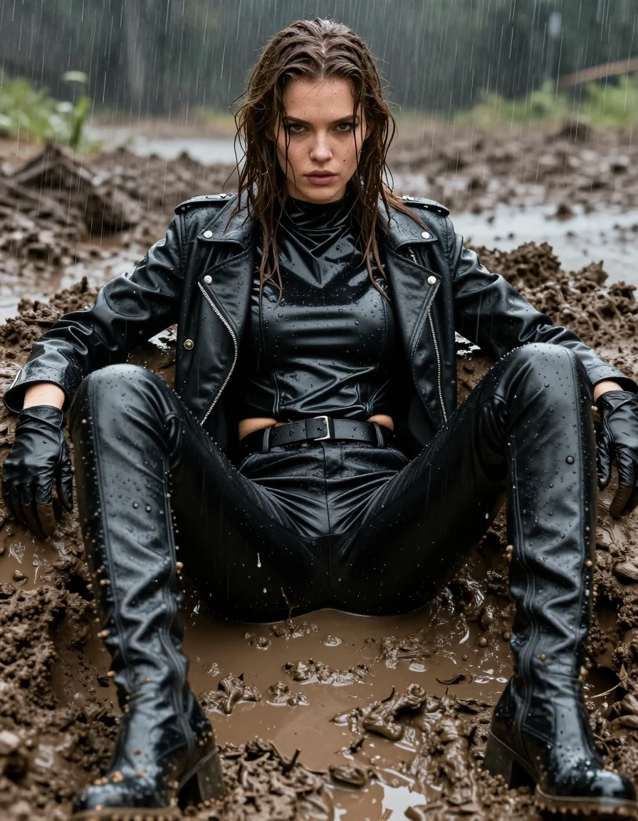 A photorealistic portrait of a young adult European woman with long, dripping wet brown hair, sitting relaxed in a deep mud pit during a heavy rainstorm. She is wearing an oversize black vinyl polar neck shirt, black vinyl pants, a black biker leather jacket, black leather knee-high boots, and leather gloves on both hands. Her skin and clothing are heavily drenched, with the vinyl and leather surfaces covered in a slick, reflective sheen, mud splatters, and water droplets. The fabric of her garments is weighed down and clinging, showing deep folds and dark, wet textures. The scene is captured in high-detail, emphasizing the contrast between the matte mud and the glossy wet surfaces of her clothes and skin. Cinematic lighting, hyper-realistic textures, rain-drenched atmosphere, sharp focus on the subject, 8k resolution, professional photography.