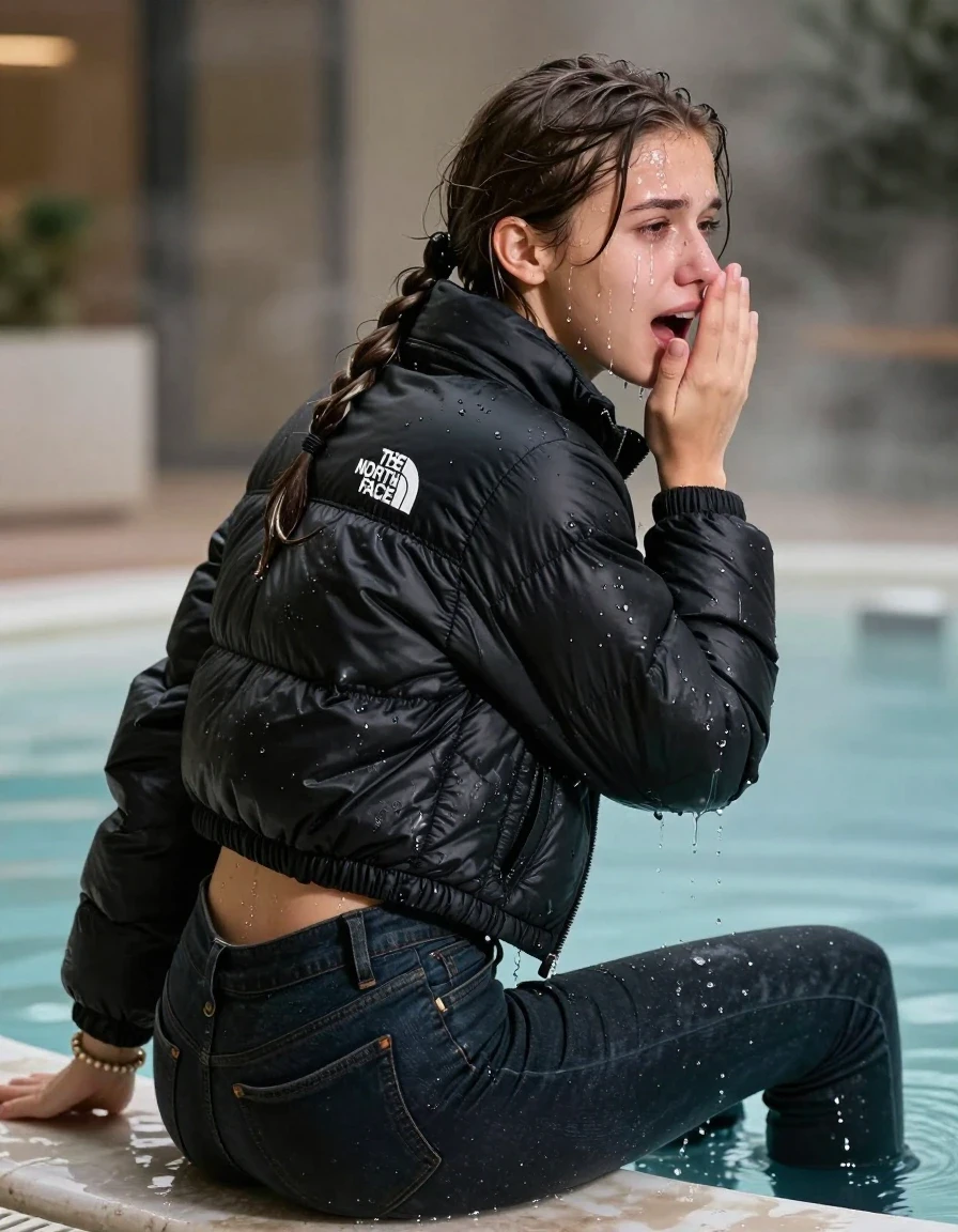 photo of young woman, in soaking wet, drenched clothes,
, Dark levis skinny jeans, Black North face puffer down jacket, Open jacket, tight v-neck sweater belly free, shoulderbag, pearl necklace, bracelet, wristwatch, Steaming indoor jacuzzi , 
enjoying, wet clothes stuck to body,
detailed textures of the wet clothes, wet face, wet plastered hair,
wet, drenched, professional, high-quality details, full body view.
sharp focus, ultra-high pixel detail, realistic, high-quality, full colors, incredibly detailed, 4k, 8k, 16k, hyper-realistic, RAW photo, masterpiece, ultra-detailed, professionally color graded, professional photograph, A realistic vertical fashion photograph taken from a backward, behind-the-back angle of a 15-year-old teenage girl sitting in a steaming indoor jacuzzi, facing away from the camera to show her back. She is tilting her head at camera, letting the water drench her hair so it is glued flat against her head and body. She has pigtails, completely saturated and dripping wet hair, with water cascading down her face and neck, crying and astonished expression. She hold her flat hand in front of her mouth. The lighting is bright and cinematic, highlighting the glistening water droplets on her skin and the saturated texture of her  casual clothes.  Open mouth, half closed eyes. 
her clothing is soaking wet and clinging tightly to her skin, showing heavy wet folds, darkened fabric texture, and deep water-saturated Patches, her clothes are heavy from the water, water runs from her body and her clothes in streams. A lot of water also runs out of her clothes. Her clothes are darkened by the water. 
hyper-realistic wetness, high-contrast water sheen, sharp focus, 16k resolution, professional photography, realistic water physics., wet skin, wet clothes, damp fabric, wet skin, wet clothes, damp fabric, wet skin, wet clothes, damp fabric, wet skin, wet clothes, damp fabric, wet skin, wet clothes, damp fabric, wet skin, wet clothes, damp fabric, wet skin, wet clothes, damp fabric, wet skin, wet clothes, damp fabric, wet skin, wet clothes, damp fabric