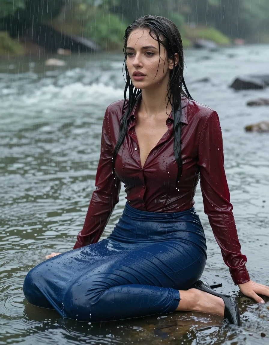 photo of young woman, in soaking wet, drenched clothes,
pumps, blue tight long dress, jeans, shiny dark red blouse , long blouse, river, rain, 
enjoying, wet clothes stuck to body,
detailed textures of the wet clothes, wet face, wet plastered hair,
wet, drenched, professional, high-quality details, full body view.
sharp focus, ultra-high pixel detail, realistic, high-quality, full colors, incredibly detailed, 4k, 8k, 16k, hyper-realistic, RAW photo, masterpiece, ultra-detailed, professionally color graded, professional photograph, collar, long sleeves, long blouse, unbuttoned, 
wet hair, long hair, drenched, dripping wet, complete submerged, full body, sitting, wet skin, wet clothes, damp fabric