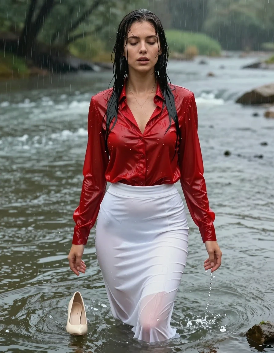 photo of young woman, in soaking wet, drenched clothes,
pumps, white tight long skirt, shiny light red blouse , long blouse, river, rain, 
enjoying, wet clothes stuck to body,
detailed textures of the wet clothes, wet face, wet plastered hair,
wet, drenched, professional, high-quality details, full body view.
sharp focus, ultra-high pixel detail, realistic, high-quality, full colors, incredibly detailed, 4k, 8k, 16k, hyper-realistic, RAW photo, masterpiece, ultra-detailed, professionally color graded, professional photograph, collar, long sleeves, long blouse, unbuttoned, 
wet hair, long hair, drenched, dripping wet, submerged, full body, wet skin, wet clothes, damp fabric