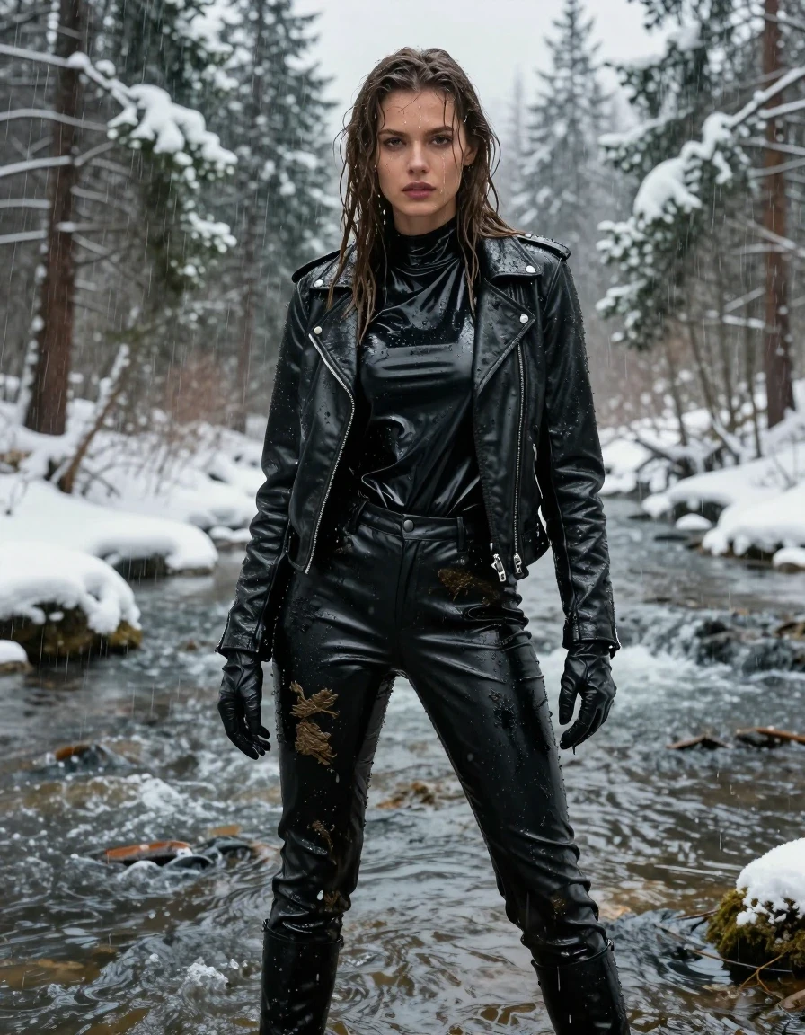 A photorealistic medium shot of a young adult European woman with long, dripping wet brown hair, standing in a shallow river within a dense, snow-covered forest during a heavy rainstorm. She is drenched, with visible water sheen and glistening wet skin. She wears an oversize black vinyl polar neck shirt, black vinyl pants, a black biker leather jacket, and black leather knee-high boots, with leather gloves on both hands. Her clothing is heavily soaked, with the vinyl and leather surfaces covered in mud splatter, exhibiting deep dark tones, heavy folds, and strong glossy specular reflections from the rain. The fabric clings to her form, emphasizing the damp, heavy texture of the materials. She is covered in patches of mud, with water running down her face and clothing. The surrounding environment features snow-laden pine trees and a rushing river, captured in high-detail cinematic lighting. No nudity, clean anatomy, realistic textures, sharp focus, 8k resolution, professional photography.