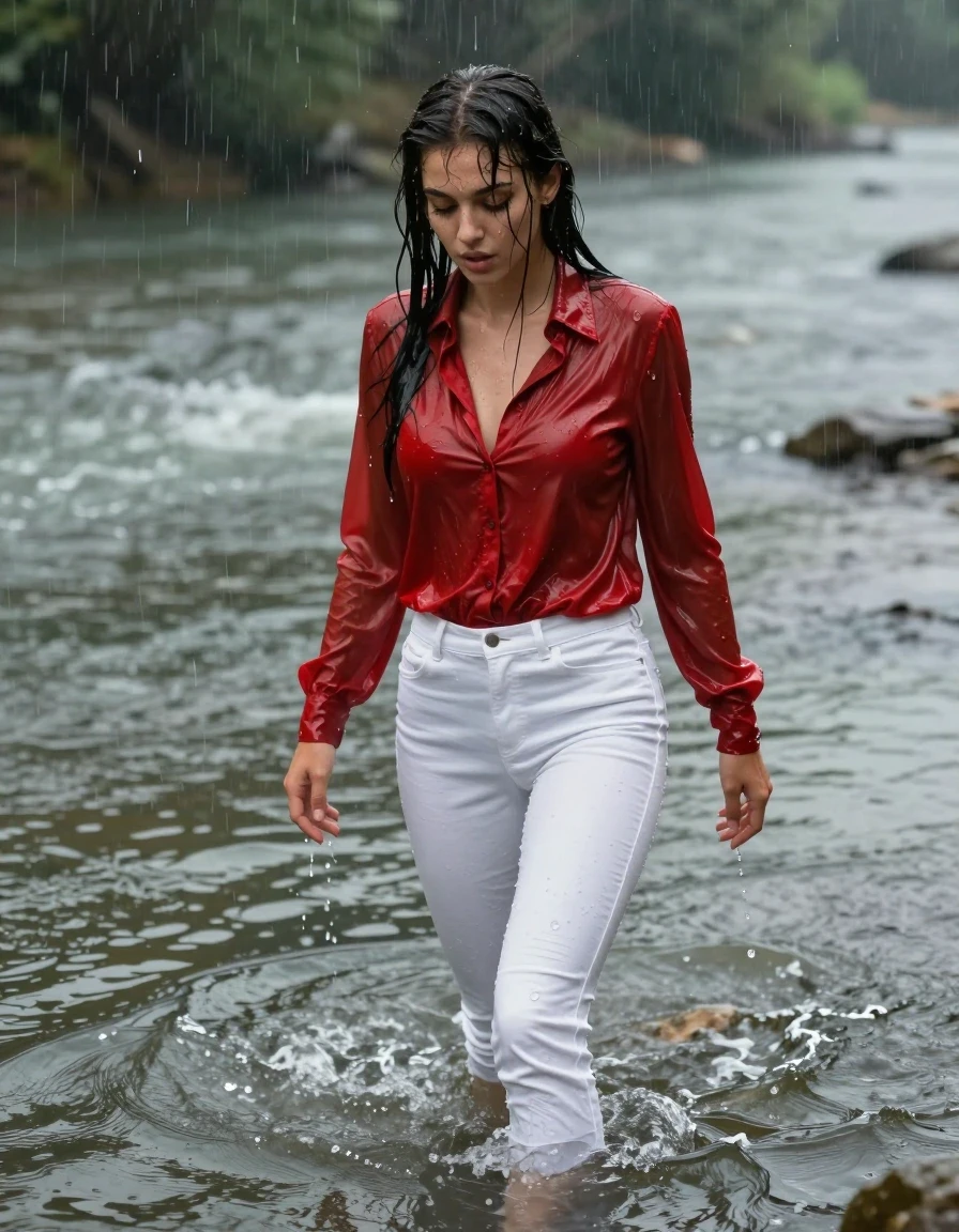 photo of young woman, in soaking wet, drenched clothes,
pumps, white tight long jeansskirt, shiny light red blouse , long blouse, river, rain, 
enjoying, wet clothes stuck to body,
detailed textures of the wet clothes, wet face, wet plastered hair,
wet, drenched, professional, high-quality details, full body view.
sharp focus, ultra-high pixel detail, realistic, high-quality, full colors, incredibly detailed, 4k, 8k, 16k, hyper-realistic, RAW photo, masterpiece, ultra-detailed, professionally color graded, professional photograph, collar, long sleeves, long blouse, unbuttoned, 
wet hair, long hair, drenched, dripping wet, submerged, full body, wet skin, wet clothes, damp fabric