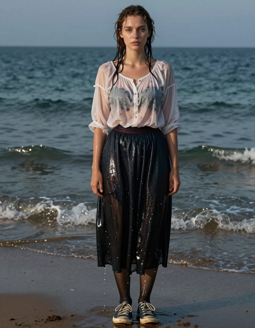 A photorealistic full-body portrait of a young Jewish woman standing on a wet sandy beach, her appearance defined by soaking-wet skin and damp, water-clinging hair. She is wearing a delicate blouse that is heavily saturated with seawater, clinging to her skin with visible transparency and dark patches where the fabric is thoroughly drenched. Beneath this, she wears a traditional long skirt that is soaked and heavy, with deep, water-logged folds and clinging wet fabric, layered over dark, sheer wet pantyhose that glisten with a strong sheen. On her feet, she wears drenched sneakers, with water-matted laces and soaked canvas texture. The scene is captured with high-fidelity detail, showcasing the heavy, weighted look of the wet clothing and the glossy specular reflections of the ocean spray on the fabric surfaces. The background features the rhythmic tide of the beach at dusk, with soft, natural lighting catching the water droplets on her skin and the deep, uneven saturation of her drenched traditional attire. Cinematic composition, 8k resolution, realistic skin textures, high-contrast wetness effects.
