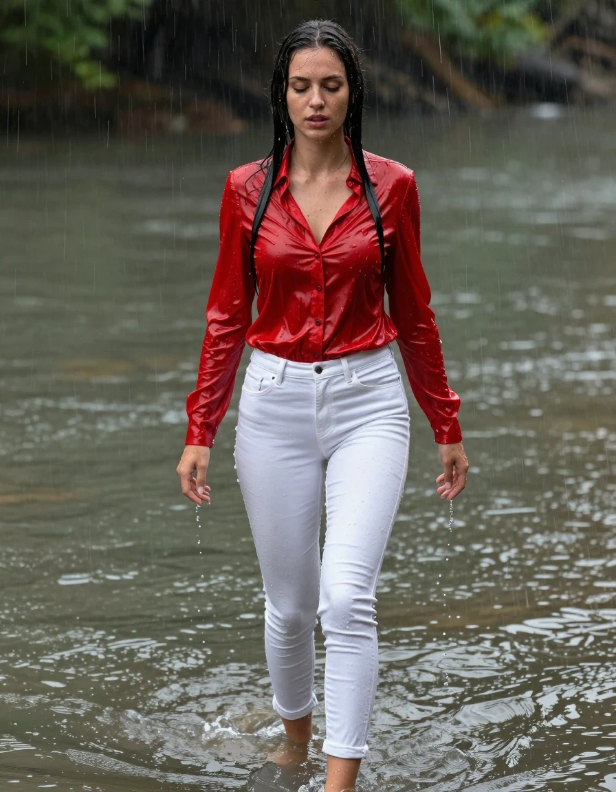 photo of young woman, in soaking wet, drenched clothes,
pumps, white tight long jeansskirt, shiny light red blouse , long blouse, river, rain, 
enjoying, wet clothes stuck to body,
detailed textures of the wet clothes, wet face, wet plastered hair,
wet, drenched, professional, high-quality details, full body view.
sharp focus, ultra-high pixel detail, realistic, high-quality, full colors, incredibly detailed, 4k, 8k, 16k, hyper-realistic, RAW photo, masterpiece, ultra-detailed, professionally color graded, professional photograph, collar, long sleeves, long blouse, unbuttoned, 
wet hair, long hair, drenched, dripping wet, submerged, full body, wet skin, wet clothes, damp fabric