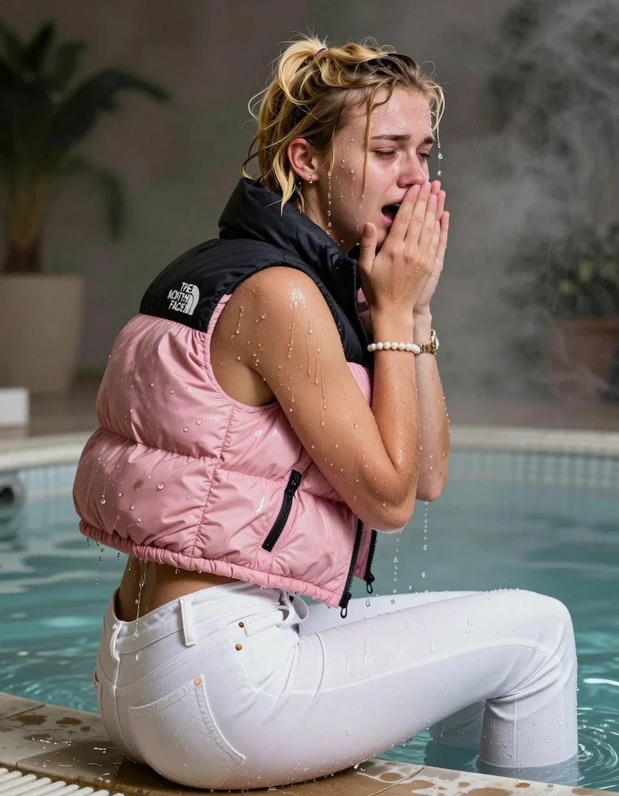 photo of young woman, in soaking wet, drenched clothes,
, White levis skinny jeans, Pink North face puffer down jacket, Open jacket, tight v-neck sweater belly free, shoulderbag, pearl necklace, bracelet, wristwatch, Steaming indoor jacuzzi , 
enjoying, wet clothes stuck to body,
detailed textures of the wet clothes, wet face, wet plastered hair,
wet, drenched, professional, high-quality details, full body view.
sharp focus, ultra-high pixel detail, realistic, high-quality, full colors, incredibly detailed, 4k, 8k, 16k, hyper-realistic, RAW photo, masterpiece, ultra-detailed, professionally color graded, professional photograph, A realistic vertical fashion photograph taken from a backward, behind-the-back angle of a 15-year-old teenage girl sitting in a steaming indoor jacuzzi, facing away from the camera to show her back. She holds her hands over mouth and nose. She is tilting her head at camera, letting the water drench her hair so it is glued flat against her head and body. She has blonde pigtails, completely saturated and dripping wet hair, with water cascading down her face and neck, crying and astonished expression. The lighting is bright and cinematic, highlighting the glistening water droplets on her skin and the saturated texture of her  casual clothes.  Open mouth, half closed eyes. 
her clothing is soaking wet and clinging tightly to her skin, showing heavy wet folds, darkened fabric texture, and deep water-saturated Patches, her clothes are heavy from the water, water runs from her body and her clothes in streams. A lot of water also runs out of her clothes. Her clothes are darkened by the water. 
hyper-realistic wetness, high-contrast water sheen, sharp focus, 16k resolution, professional photography, realistic water physics., wet skin, wet clothes, damp fabric, wet skin, wet clothes, damp fabric, wet skin, wet clothes, damp fabric, wet skin, wet clothes, damp fabric, wet skin, wet clothes, damp fabric, wet skin, wet clothes, damp fabric, wet skin, wet clothes, damp fabric, wet skin, wet clothes, damp fabric, wet skin, wet clothes, damp fabric, wet skin, wet clothes, damp fabric, wet skin, wet clothes, damp fabric