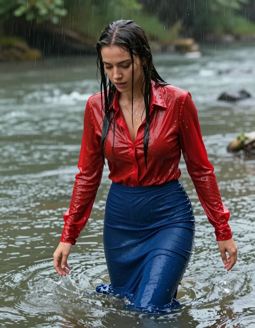 photo of young woman, in soaking wet, drenched clothes,
pumps, blue tight long dress, jeans, shiny light red blouse , long blouse, hemdblusenkleid, river, rain, 
enjoying, wet clothes stuck to body,
detailed textures of the wet clothes, wet face, wet plastered hair,
wet, drenched, professional, high-quality details, full body view.
sharp focus, ultra-high pixel detail, realistic, high-quality, full colors, incredibly detailed, 4k, 8k, 16k, hyper-realistic, RAW photo, masterpiece, ultra-detailed, professionally color graded, professional photograph, collar, long sleeves, long blouse, unbuttoned, 
wet hair, long hair, drenched, dripping wet, complete submerged, full body, wet skin, wet clothes, damp fabric
