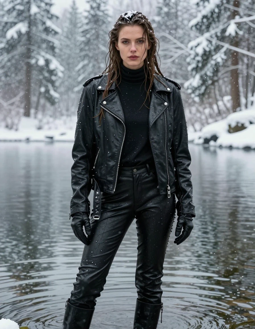 A photorealistic medium shot of a young adult European woman with long dripping wet brown hair, standing in a serene lake surrounded by a dense, snow-covered winter forest during a heavy snowfall. She is wearing an oversized black leather polar neck shirt, a rugged black biker's leather jacket, black leather pants, and black leather knee-high boots, with leather gloves on both hands. Her skin and clothing are thoroughly drenched, with the leather garments exhibiting a heavy, water-saturated sheen, deep dark tones, clinging folds, and bright specular highlights from the melting snow and lake water. The fabric texture is visibly damp, with water droplets clinging to the surface of the leather and her skin. She is positioned naturally in the water, looking composed amidst the wintry environment. The lighting is soft and cold, emphasizing the contrast between the dark, wet leather and the white, falling snow. High-resolution, cinematic photography, sharp focus on textures, hyper-realistic wetness, no nudity, clean anatomy.