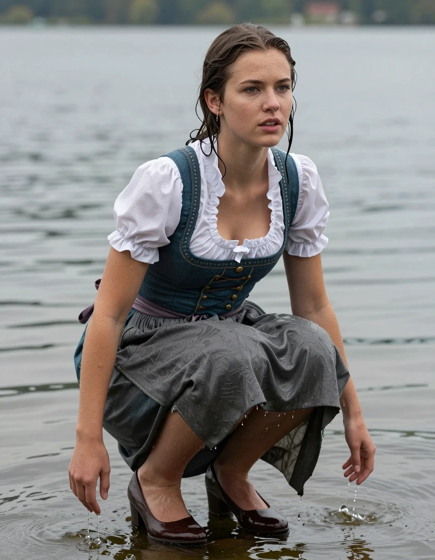 photo of young woman, in soaking wet, drenched clothes,
heels, long skirt, dirndl, lake, 
enjoying, wet clothes stuck to body,
detailed textures of the wet clothes, wet face, wet plastered hair,
wet, drenched, professional, high-quality details, full body view.
sharp focus, ultra-high pixel detail, realistic, high-quality, full colors, incredibly detailed, 4k, 8k, 16k, hyper-realistic, RAW photo, masterpiece, ultra-detailed, professionally color graded, professional photograph, wet skin, wet clothes, damp fabric