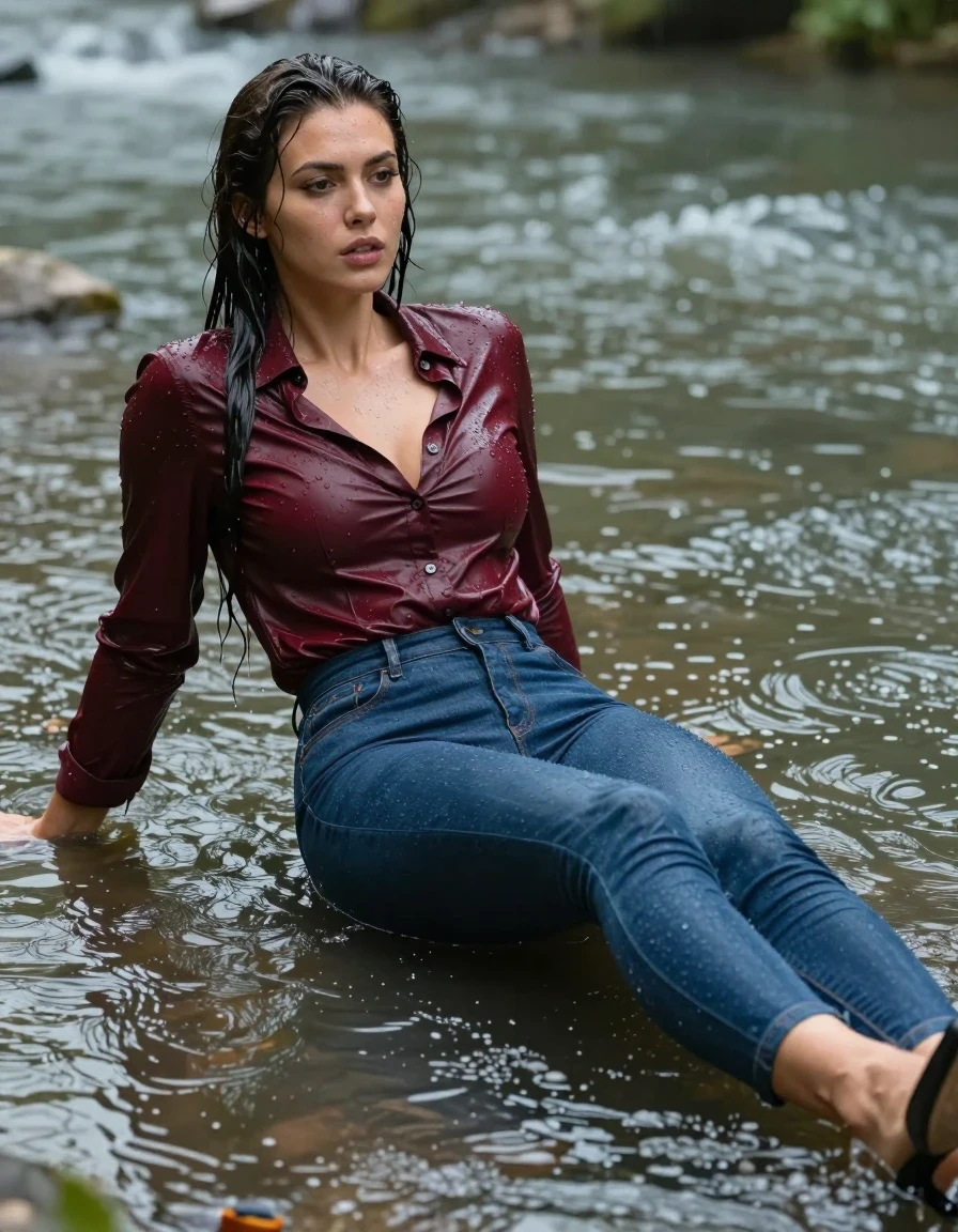 photo of young woman, in soaking wet, drenched clothes,
pumps, blue tight long dress, jeans, shiny dark red blouse , long blouse, river, rain, 
enjoying, wet clothes stuck to body,
detailed textures of the wet clothes, wet face, wet plastered hair,
wet, drenched, professional, high-quality details, full body view.
sharp focus, ultra-high pixel detail, realistic, high-quality, full colors, incredibly detailed, 4k, 8k, 16k, hyper-realistic, RAW photo, masterpiece, ultra-detailed, professionally color graded, professional photograph, collar, long sleeves, long blouse, unbuttoned, 
wet hair, long hair, drenched, dripping wet, complete submerged, full body, lying, wet skin, wet clothes, damp fabric
