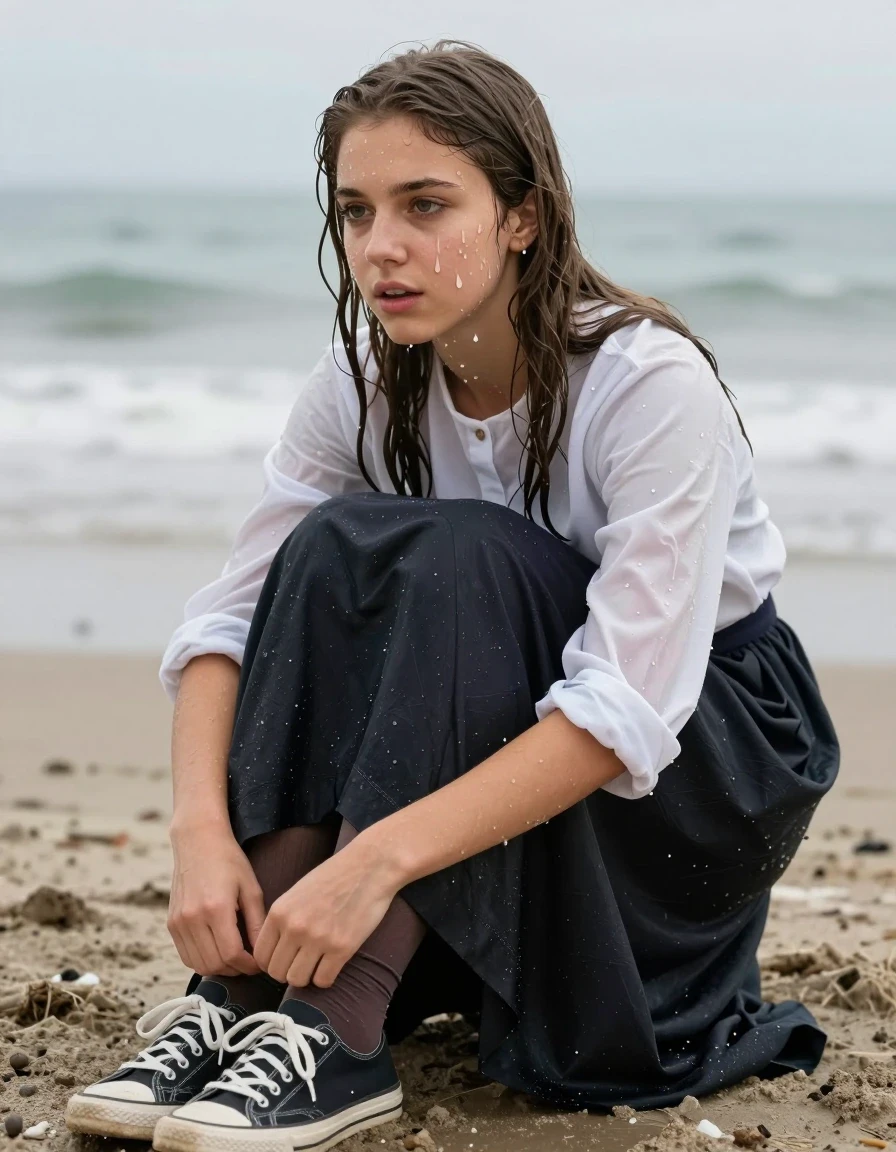 photo of young woman, in soaking wet, drenched clothes,
sneakers, pantyhose, jewish orthodox long skirt, blouse, beach, 
enjoying, wet clothes stuck to body,
detailed textures of the wet clothes, wet face, wet plastered hair,
wet, drenched, professional, high-quality details, full body view.
sharp focus, ultra-high pixel detail, realistic, high-quality, full colors, incredibly detailed, 4k, 8k, 16k, hyper-realistic, RAW photo, masterpiece, ultra-detailed, professionally color graded, professional photograph, jewish girl, wet skin, wet clothes, damp fabric