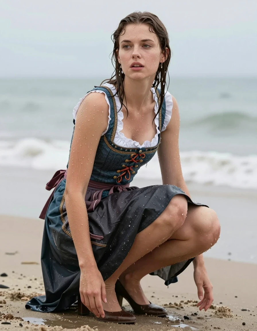 photo of young woman, in soaking wet, drenched clothes,
heels, long skirt, dirndl, beach, 
enjoying, wet clothes stuck to body,
detailed textures of the wet clothes, wet face, wet plastered hair,
wet, drenched, professional, high-quality details, full body view.
sharp focus, ultra-high pixel detail, realistic, high-quality, full colors, incredibly detailed, 4k, 8k, 16k, hyper-realistic, RAW photo, masterpiece, ultra-detailed, professionally color graded, professional photograph, wet skin, wet clothes, damp fabric